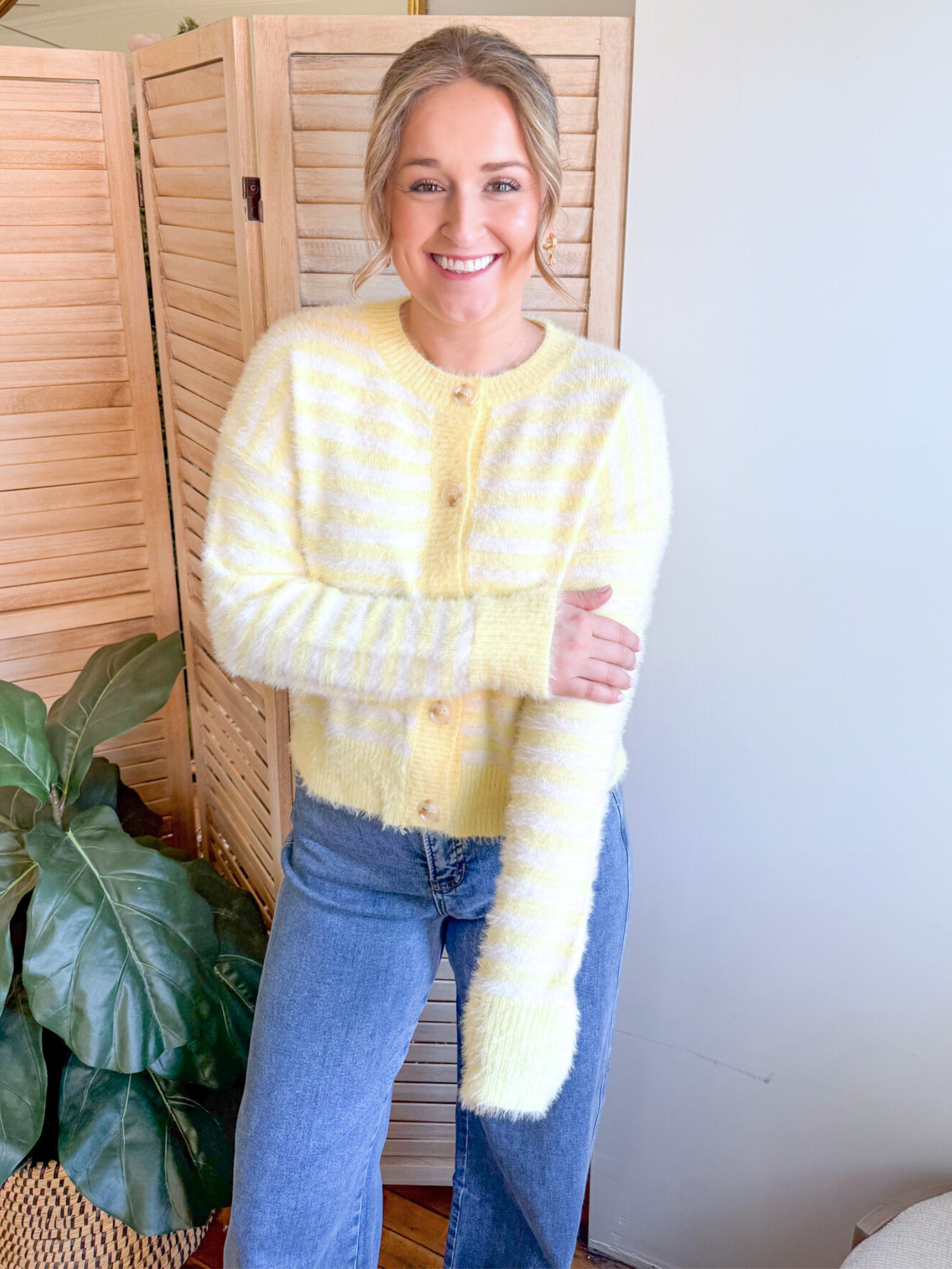 Emilee Striped Fuzzy Cardigan - Butter Yellow