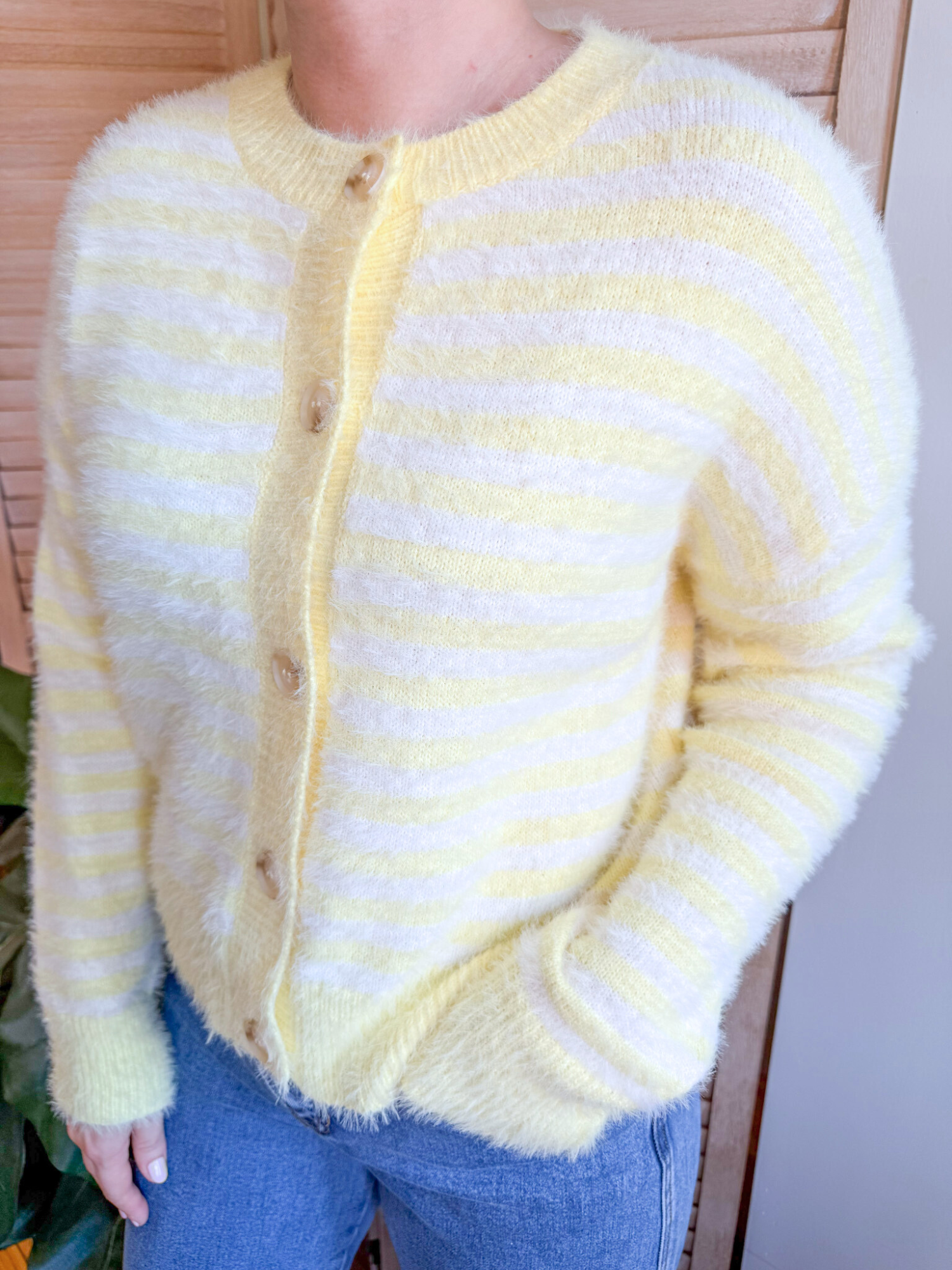 Emilee Striped Fuzzy Cardigan - Butter Yellow