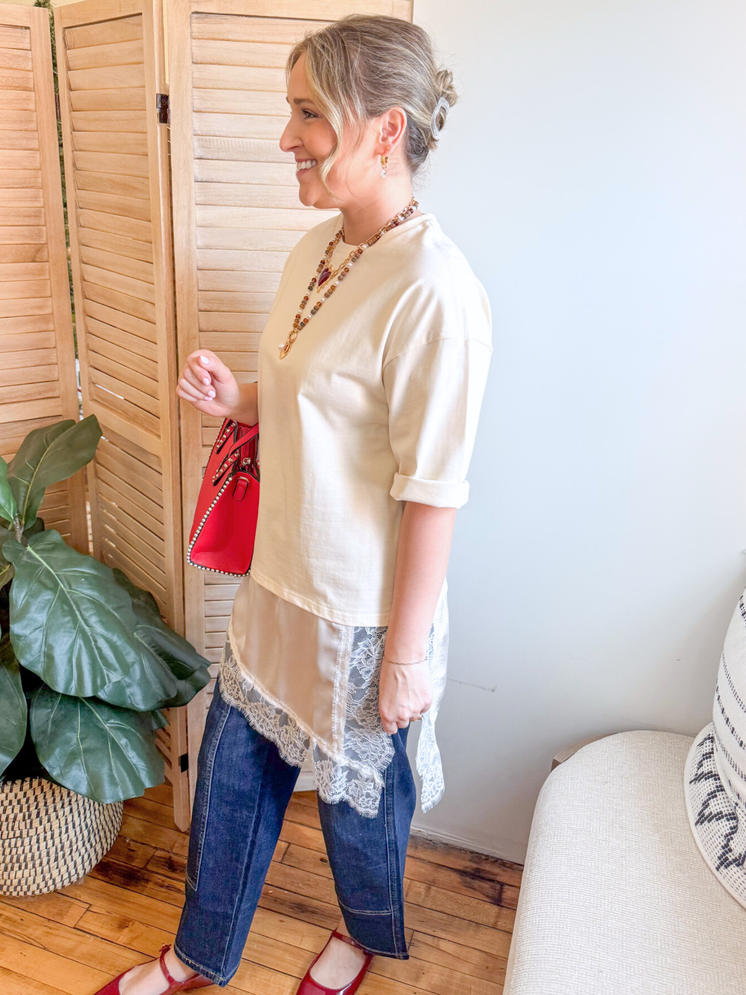 Hazel Lace Trim Tee - Off White - The Collective Rose