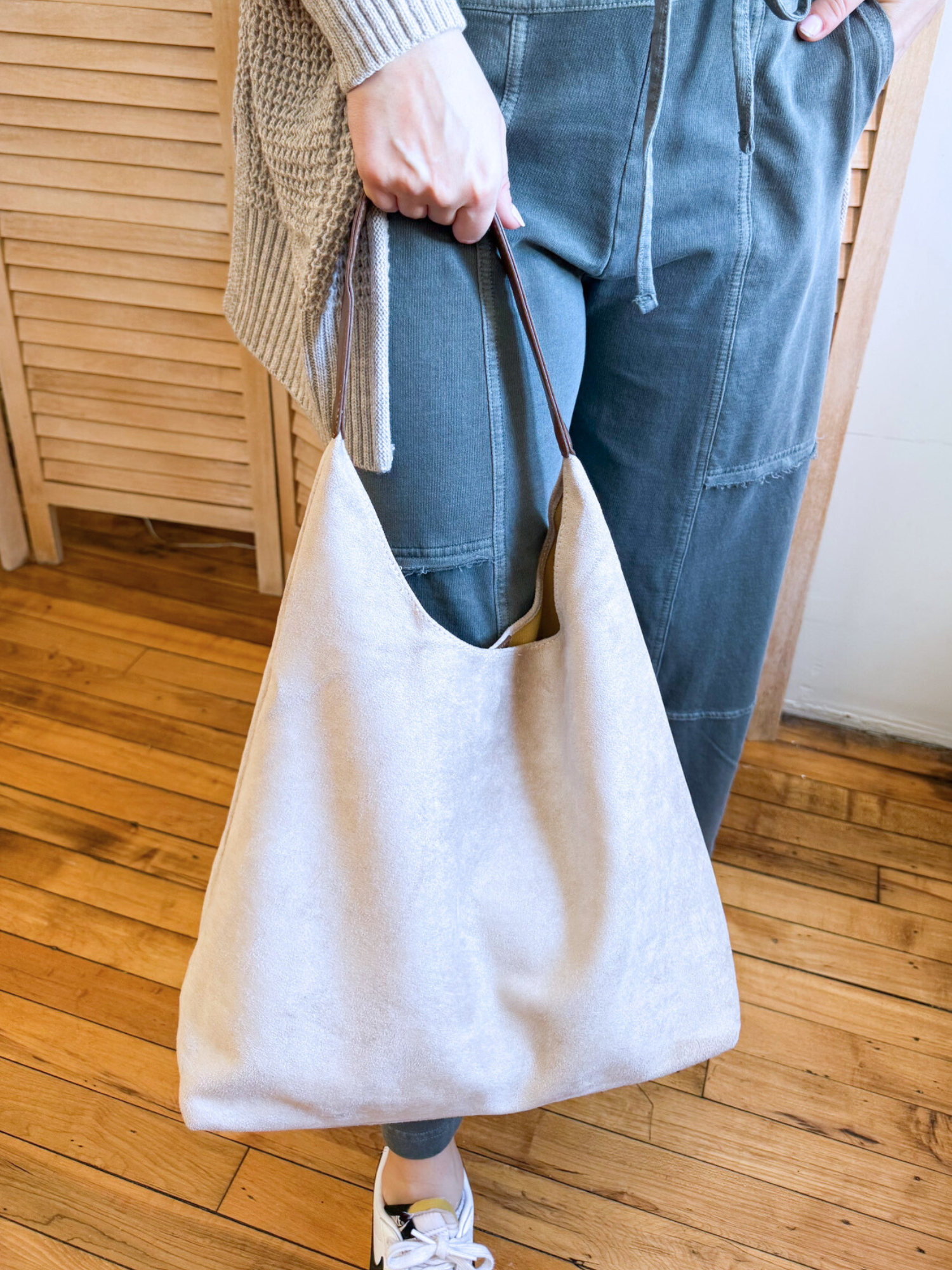 Suede Hobo Tote Bag - Beige - The Collective Rose