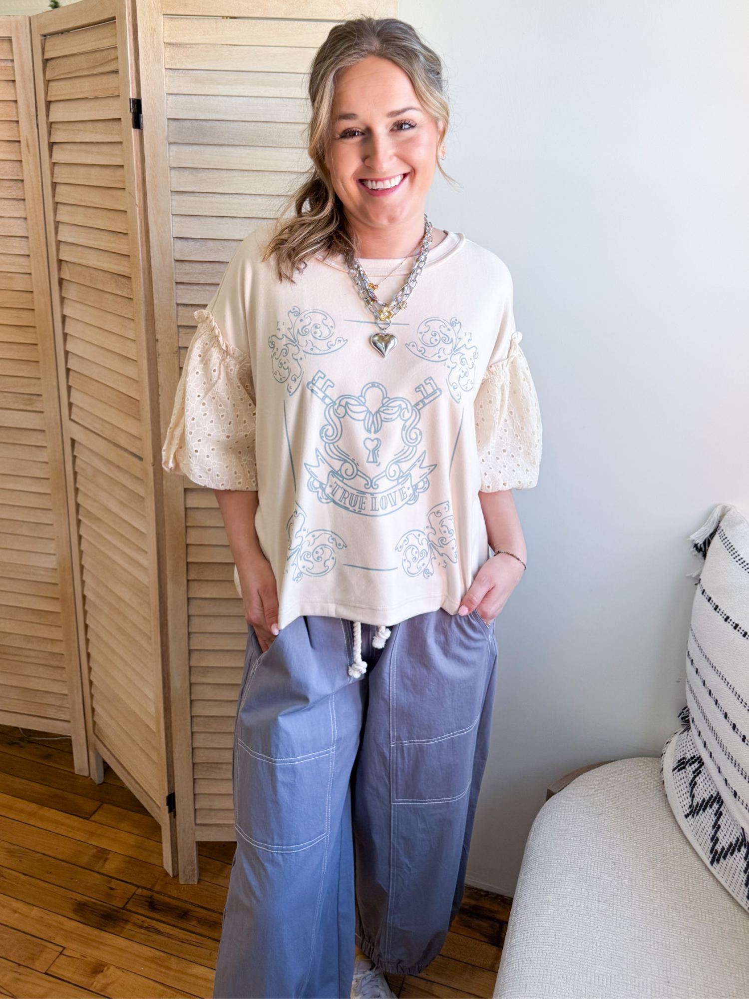 True Love Eyelet Sleeve Sweatshirt - The Collective Rose