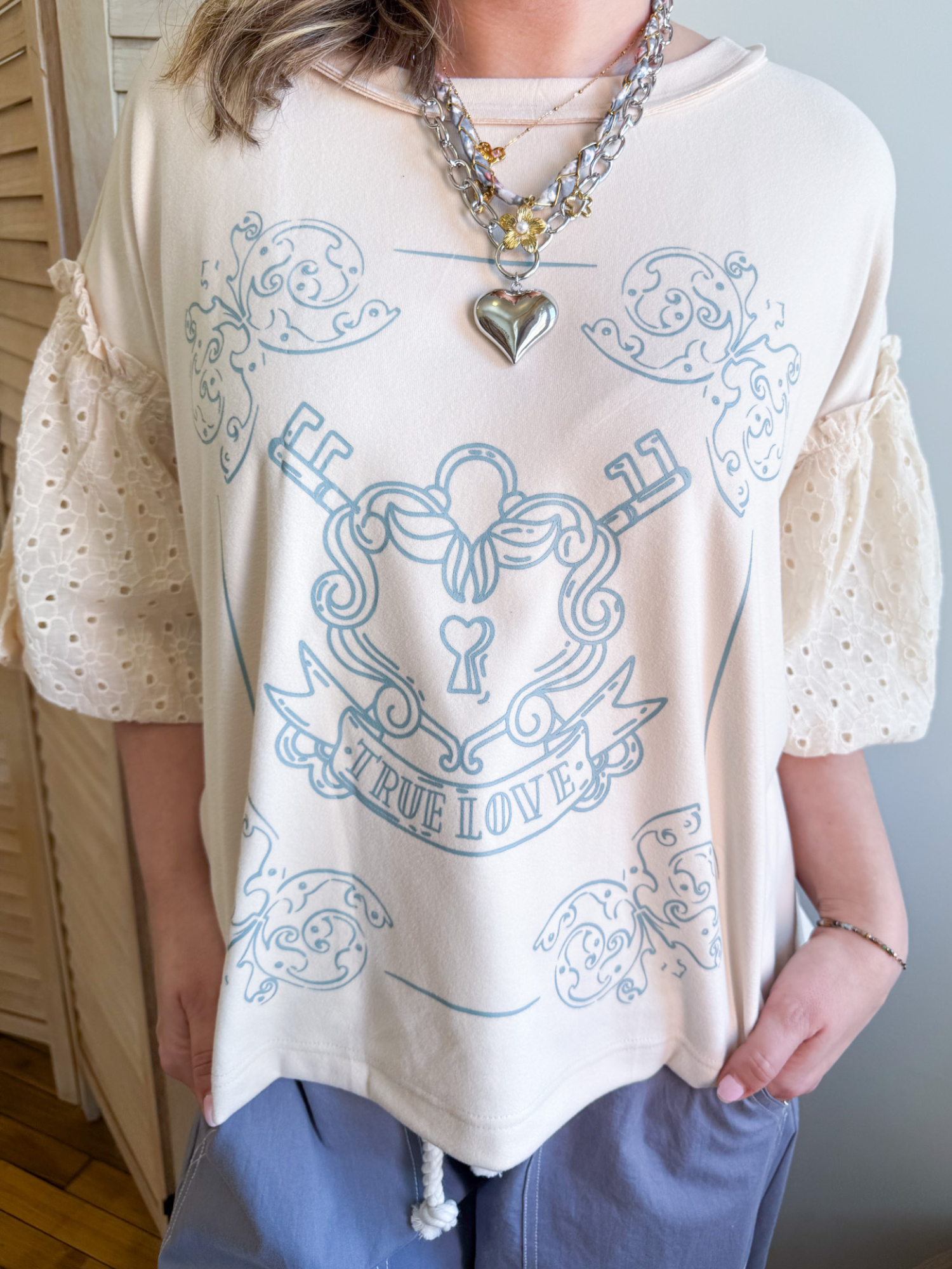 True Love Eyelet Sleeve Sweatshirt - The Collective Rose