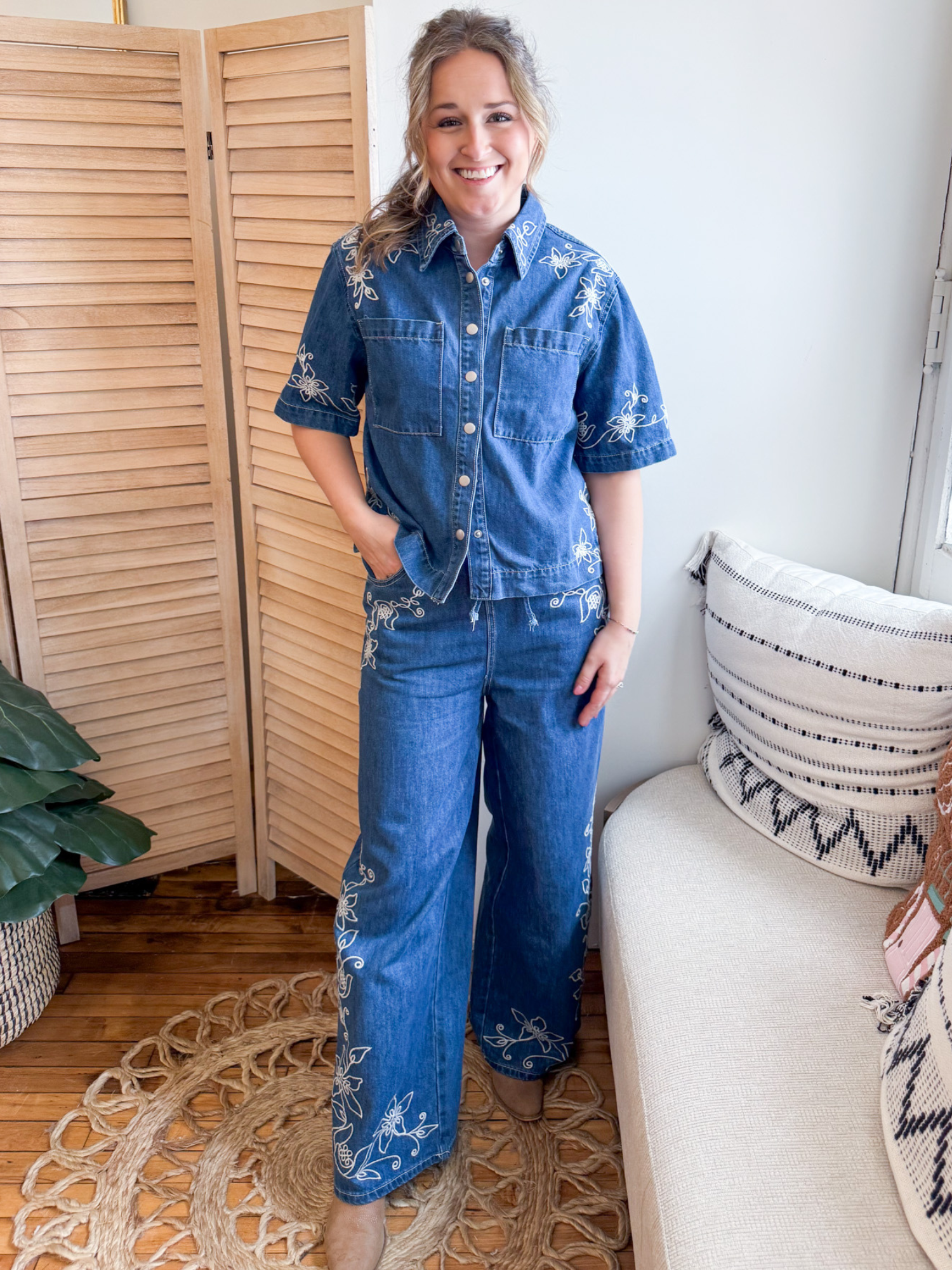 Clara Embroidered Denim Button Up