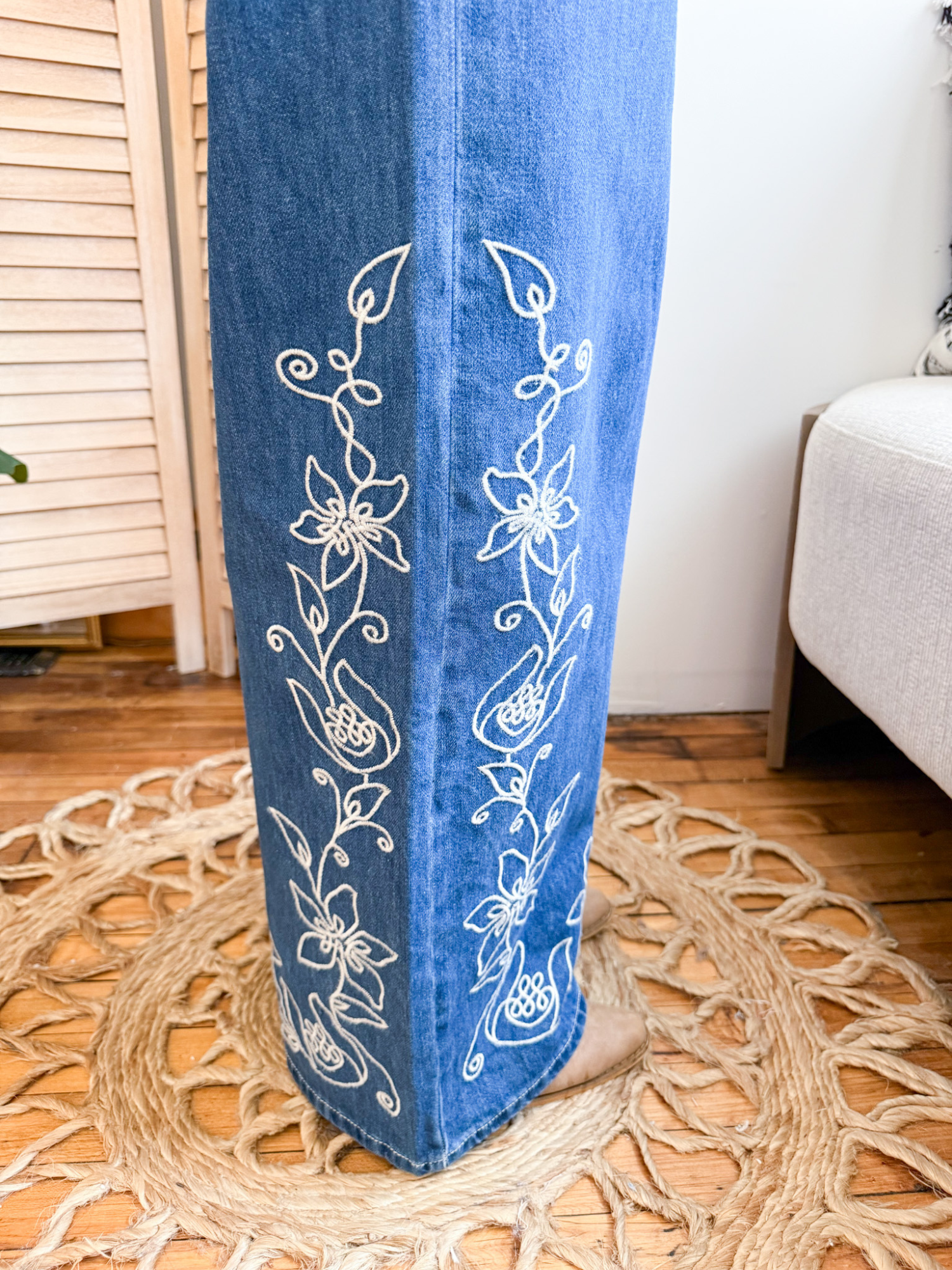 Clara Embroidered Wide Leg Denim Pants