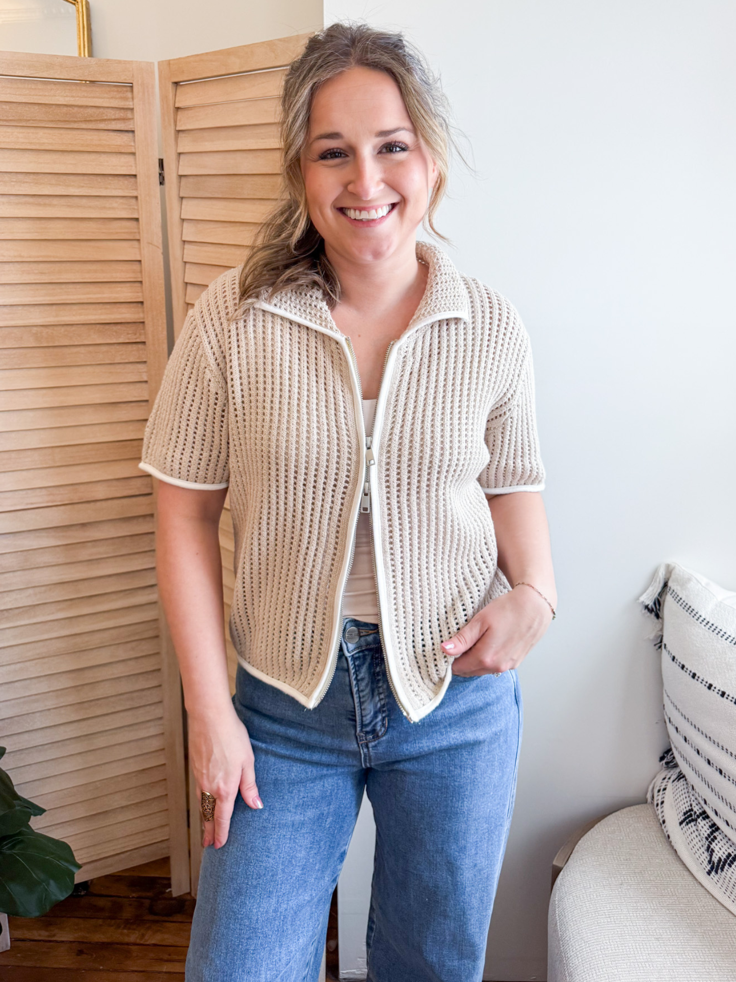 Olivia Short Sleeve Zip Up Sweater - The Collective Rose