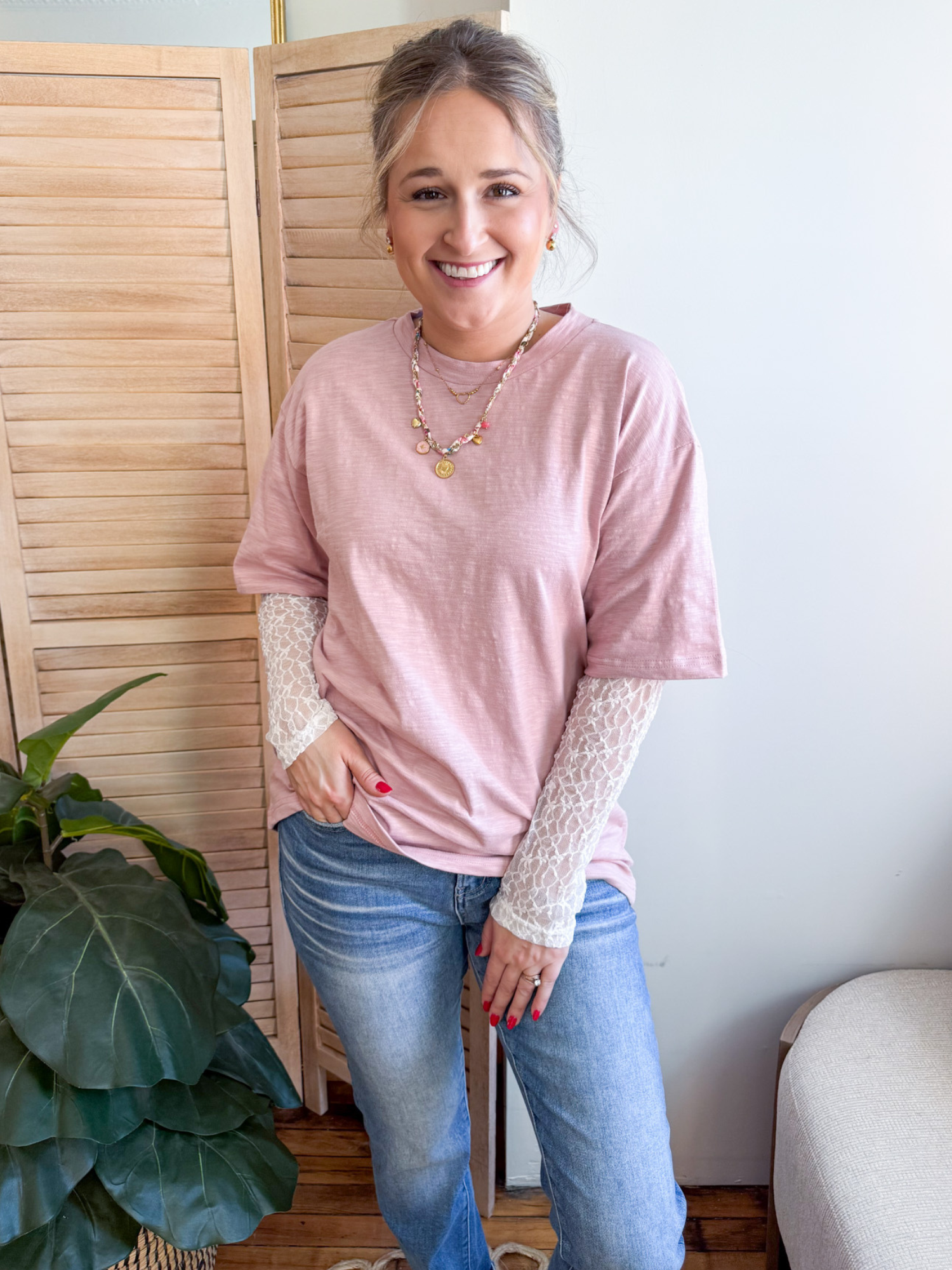 Lili Lace Twofer T-Shirt - Mauve - The Collective Rose