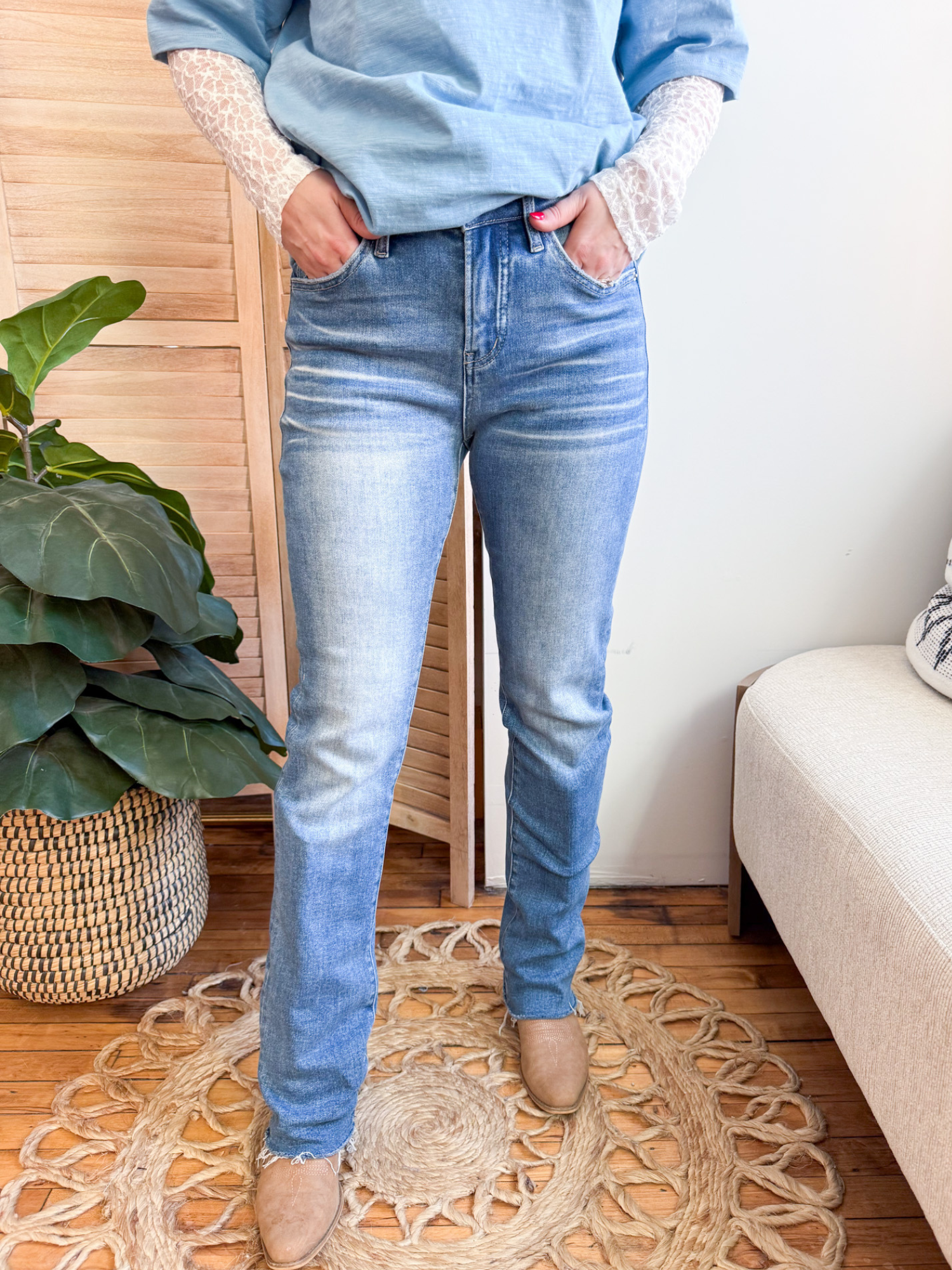High Rise Straight Leg Raw Hem Jeans - The Collective Rose
