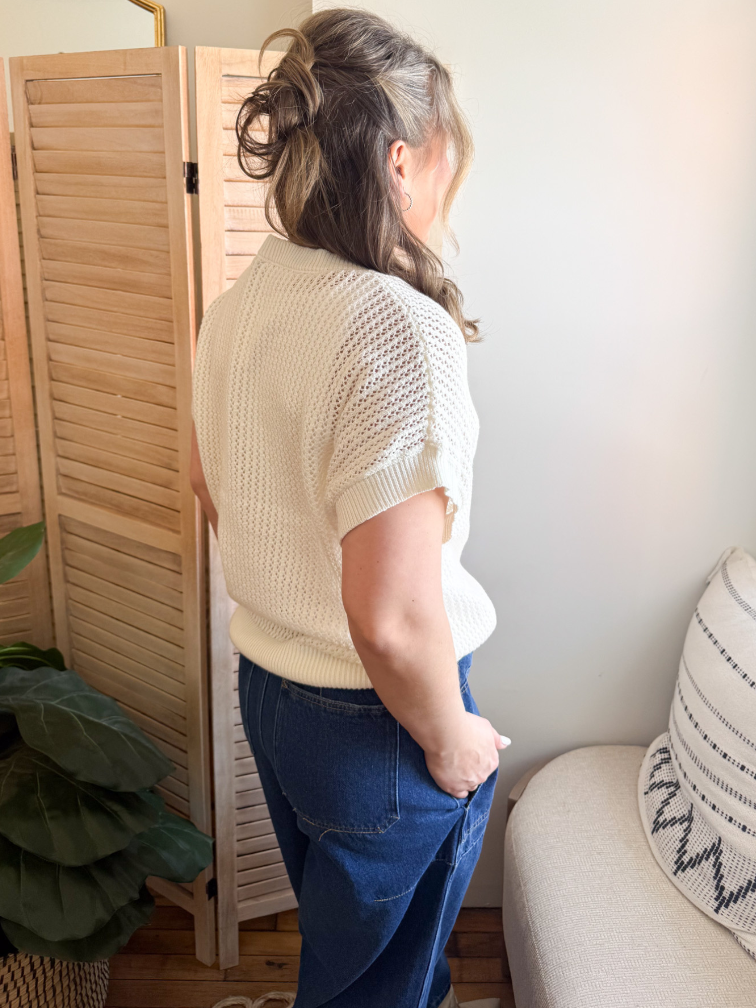 Harlow Short Sleeve Open Knit Sweater - Cream - The Collective Rose