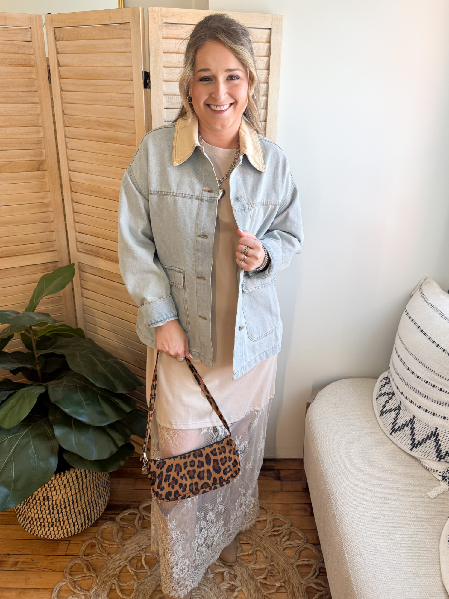 Oversized Contrast Denim Jacket - Light Wash - The Collective Rose