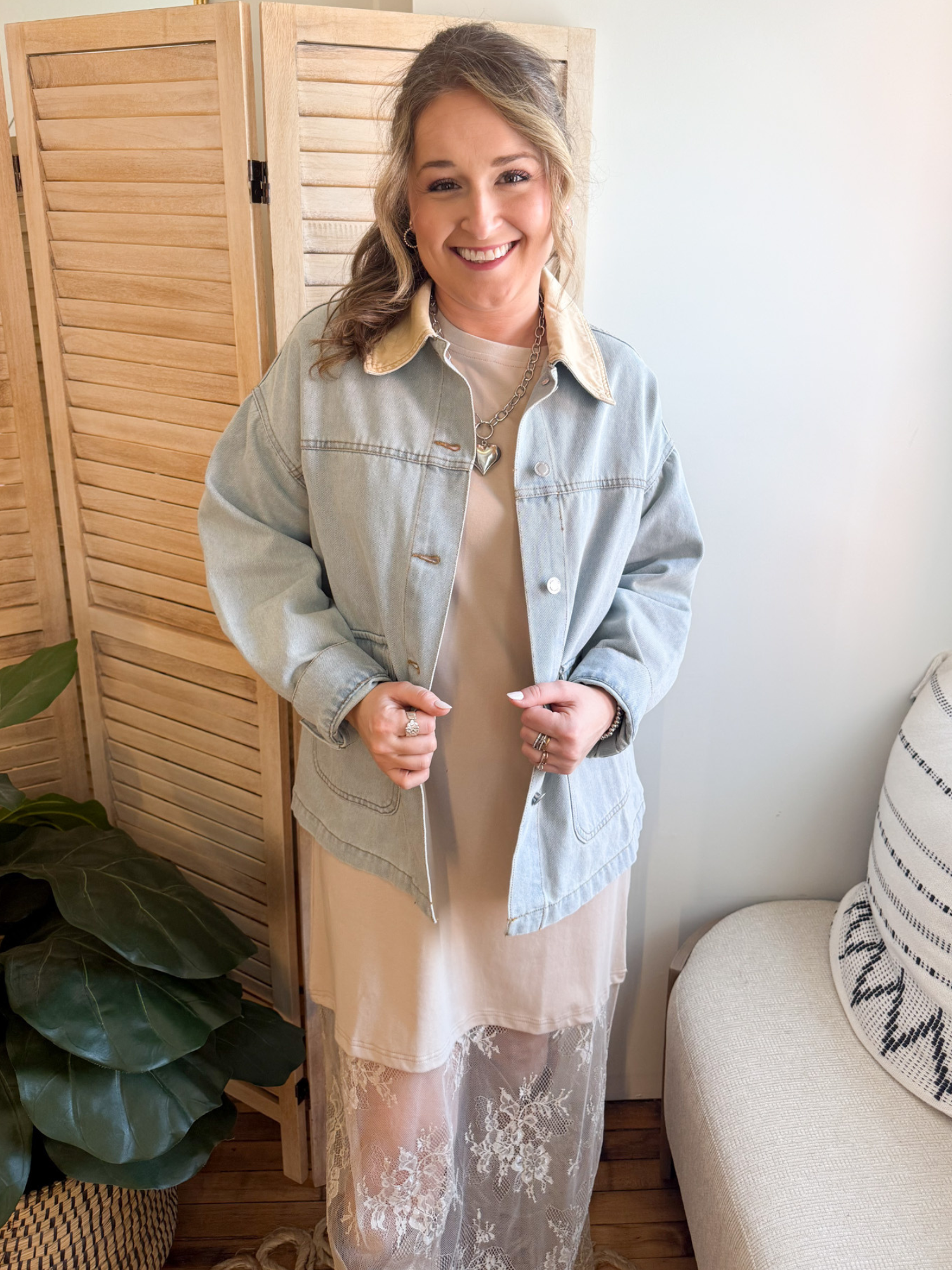 Oversized Contrast Denim Jacket - Light Wash - The Collective Rose