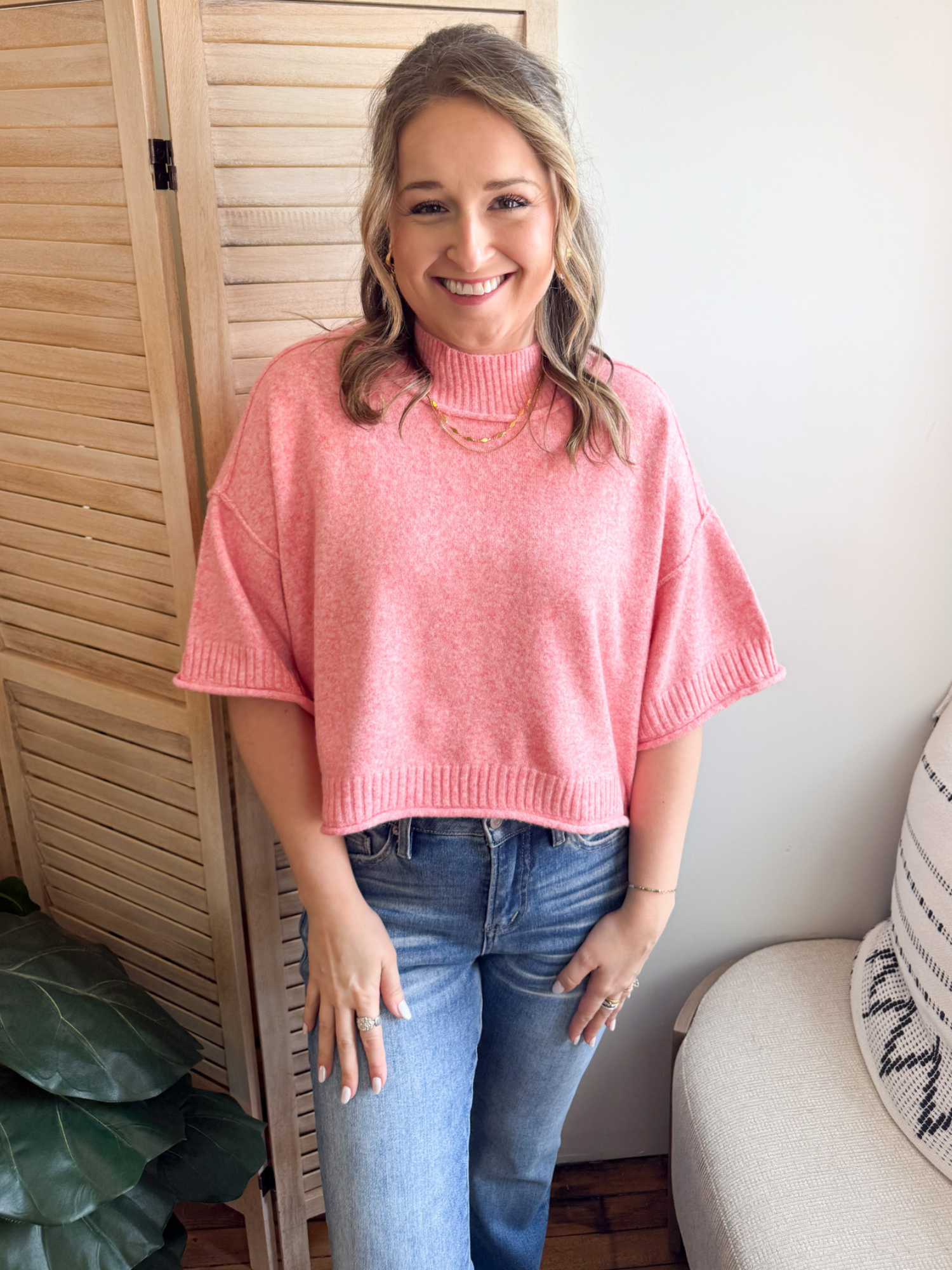 Sophie Mock Neck Short Sleeve Sweater - The Collective Rose