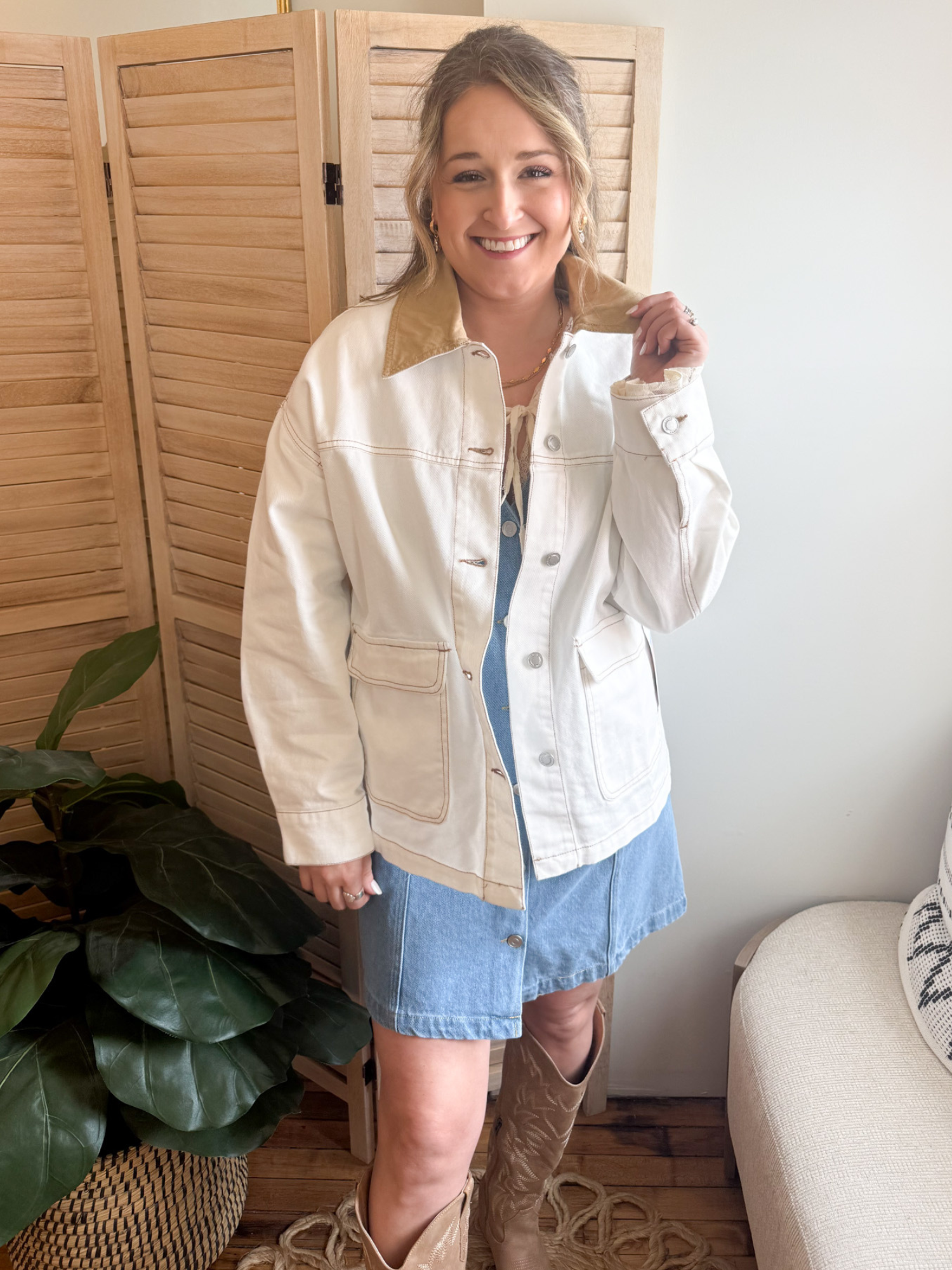 Oversized Contrast Denim Jacket - Ecru - The Collective Rose