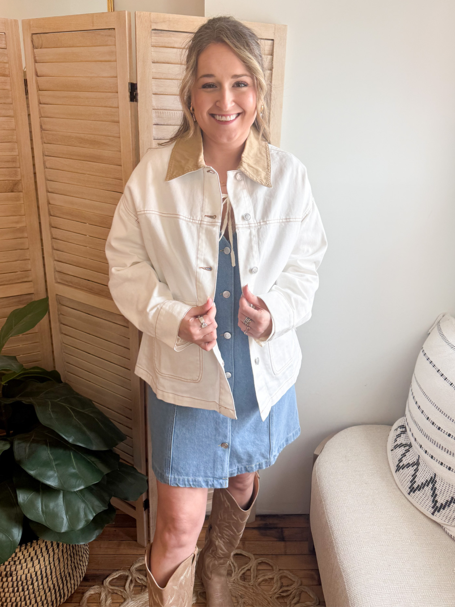 Oversized Contrast Denim Jacket - Ecru - The Collective Rose