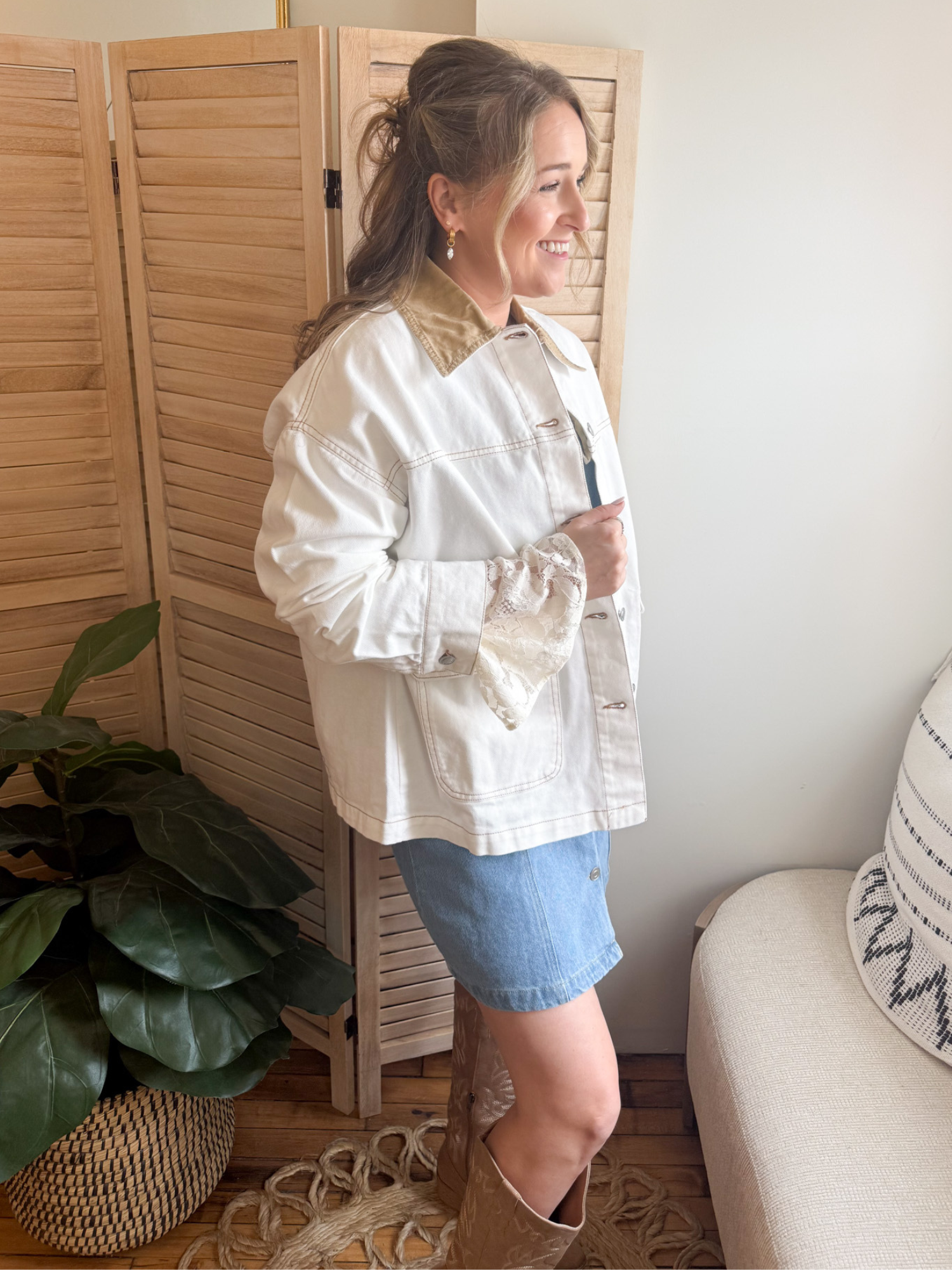 Oversized Contrast Denim Jacket - Ecru - The Collective Rose