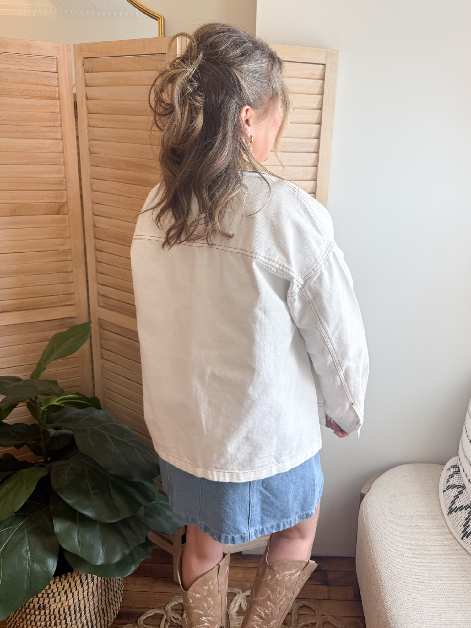 Oversized Contrast Denim Jacket - Ecru - The Collective Rose