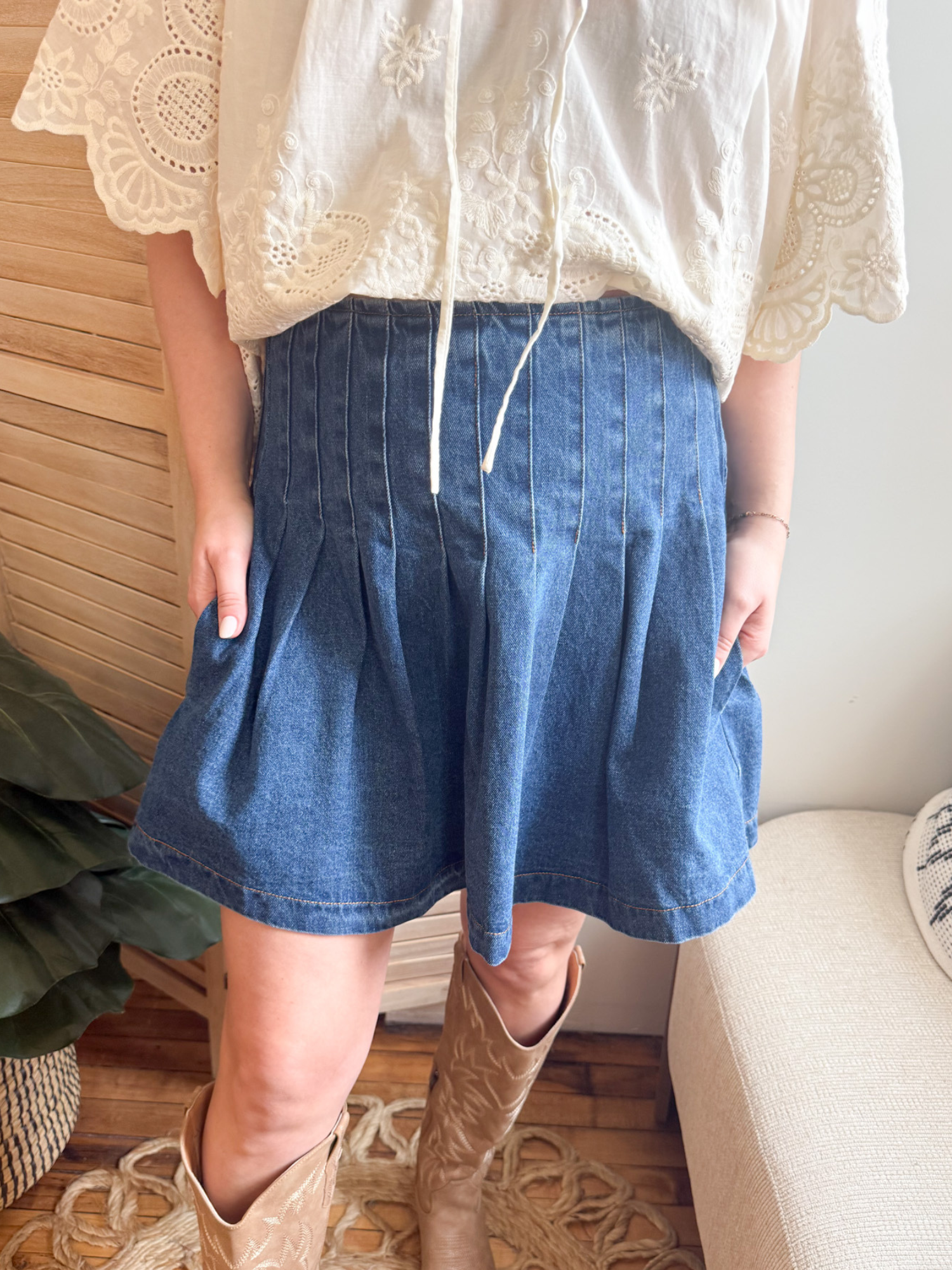 Allie Pleated Denim Mini Skirt - The Collective Rose