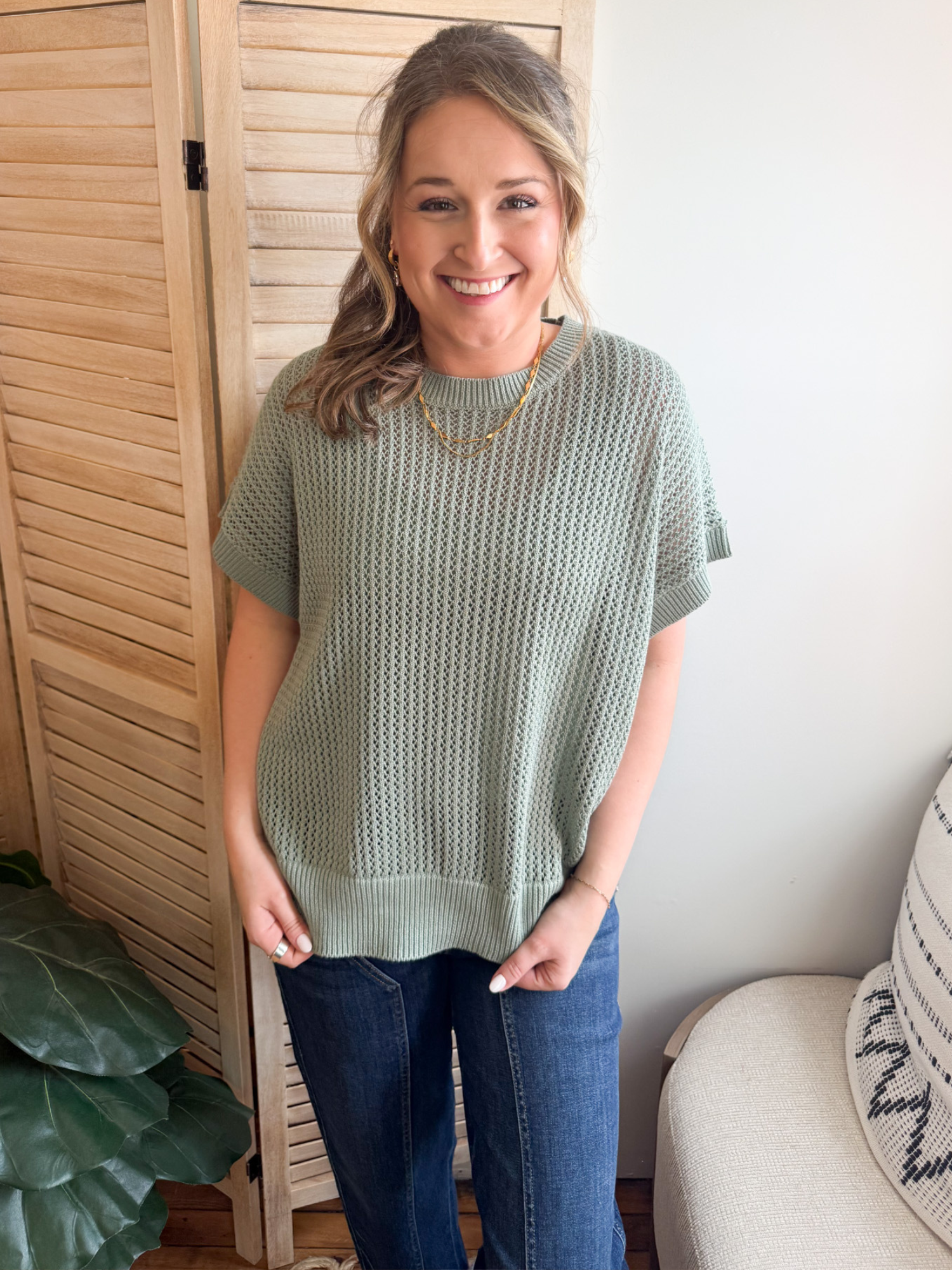 Harlow Short Sleeve Open Knit Sweater - Sage - The Collective Rose