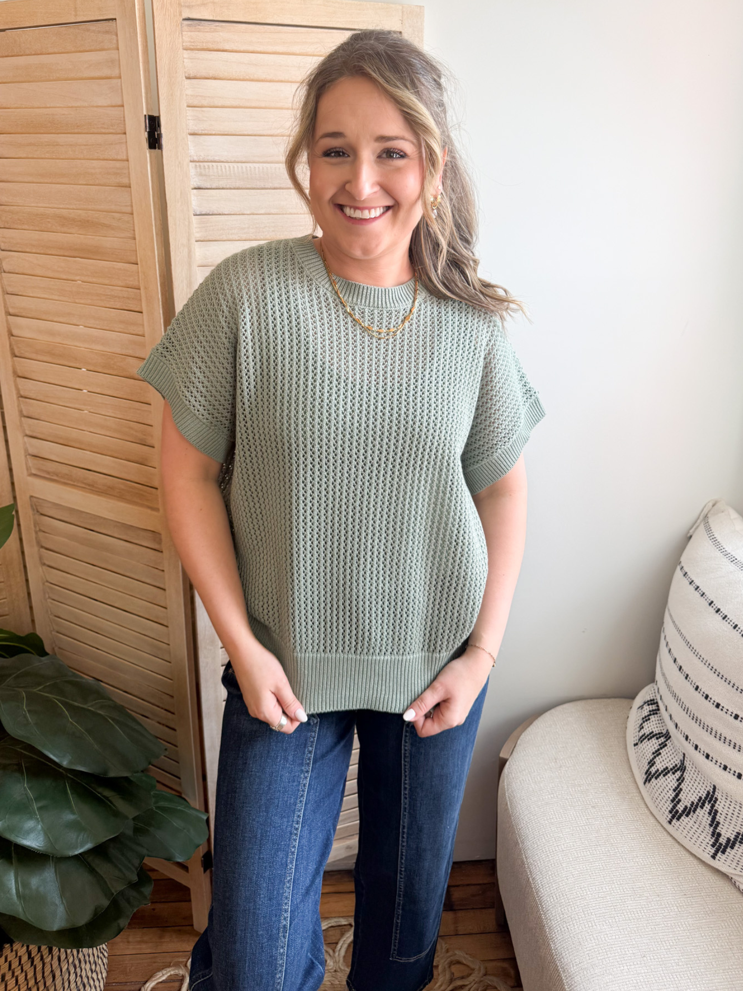Harlow Short Sleeve Open Knit Sweater - Sage - The Collective Rose