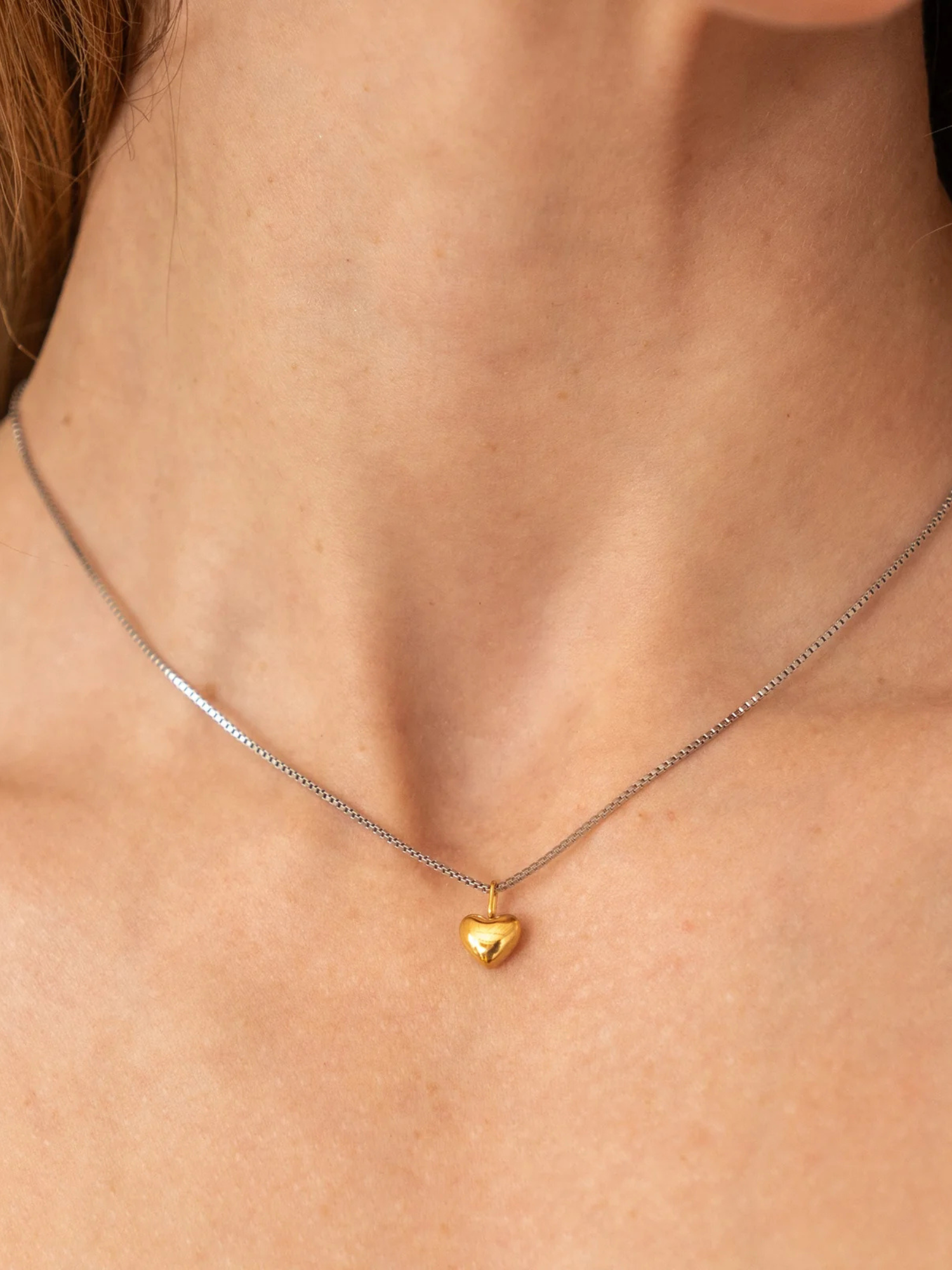 Waterproof Dainty Two Tone Puffy Heart Necklace - The Collective Rose