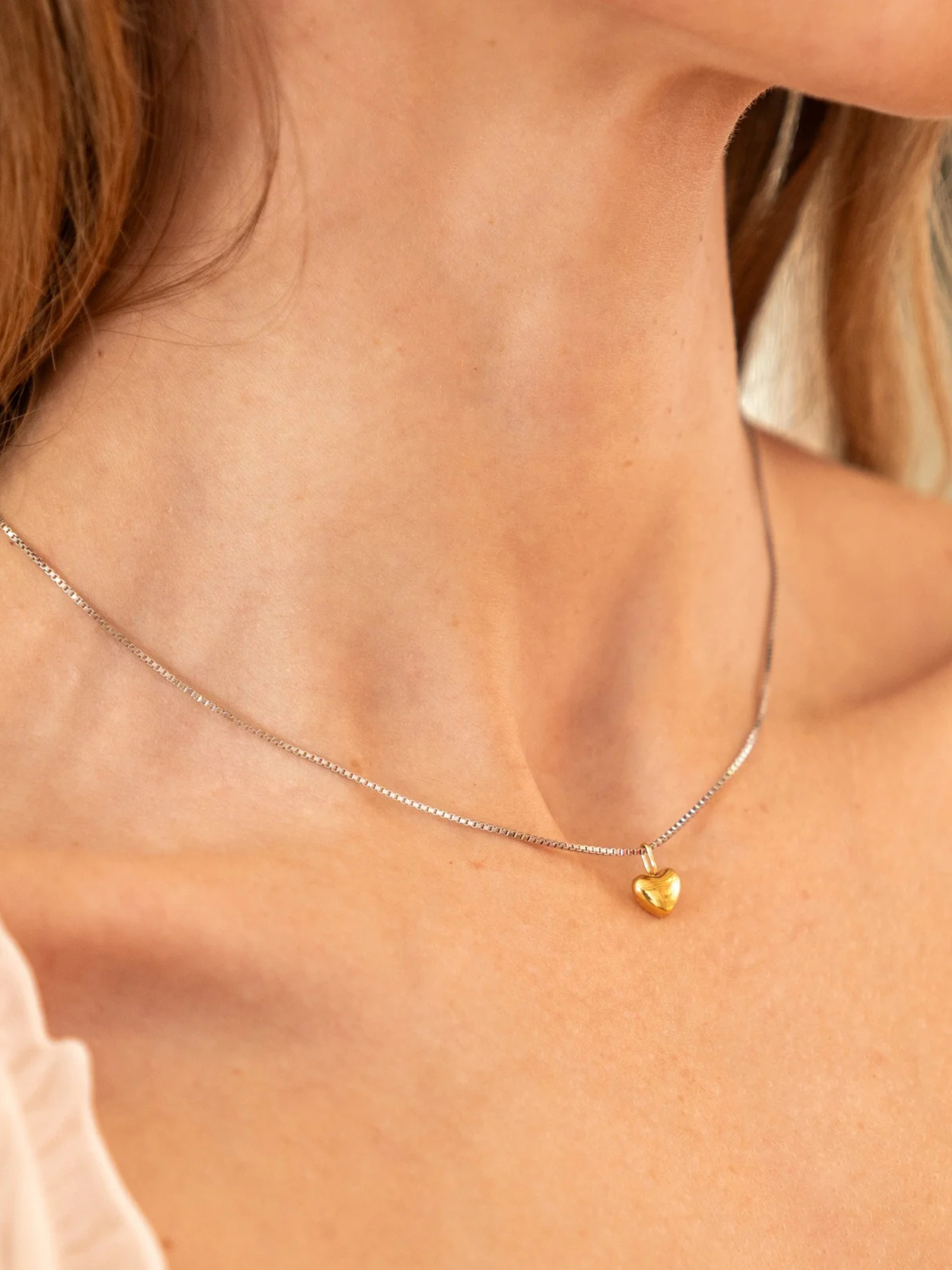 Waterproof Dainty Two Tone Puffy Heart Necklace - The Collective Rose