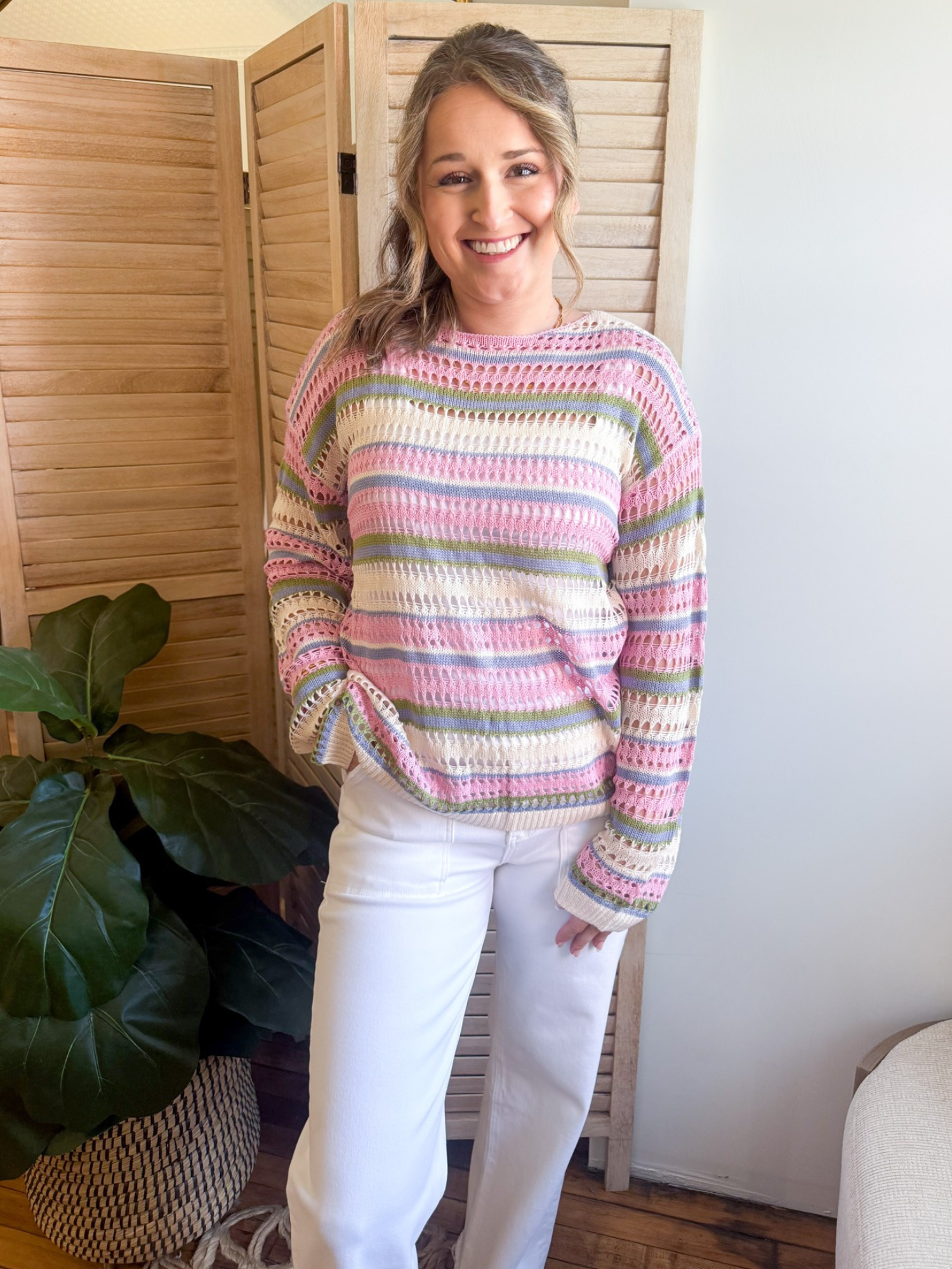 Leah Open Knit Striped Sweater - The Collective Rose