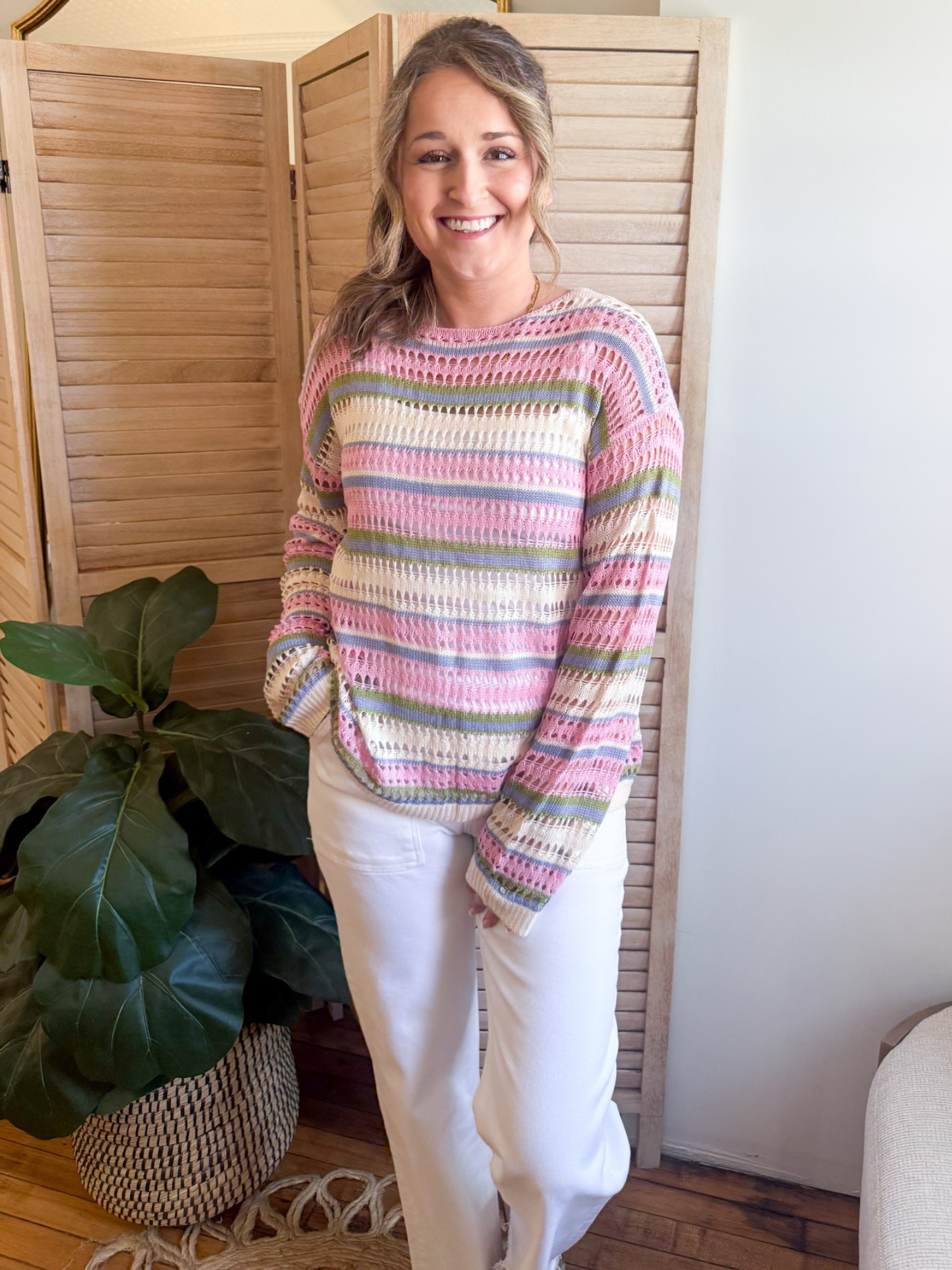 Leah Open Knit Striped Sweater - The Collective Rose