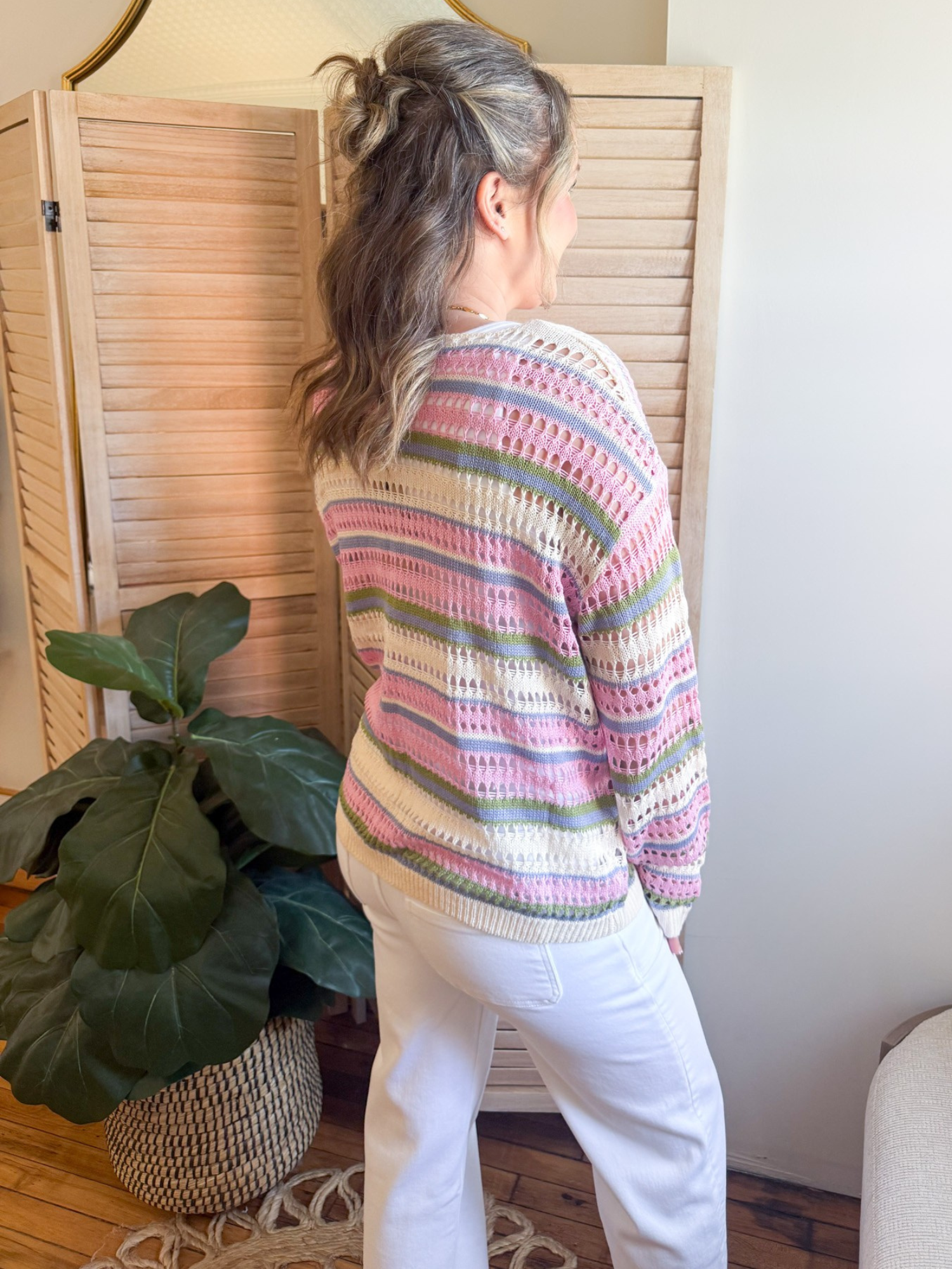 Leah Open Knit Striped Sweater - The Collective Rose