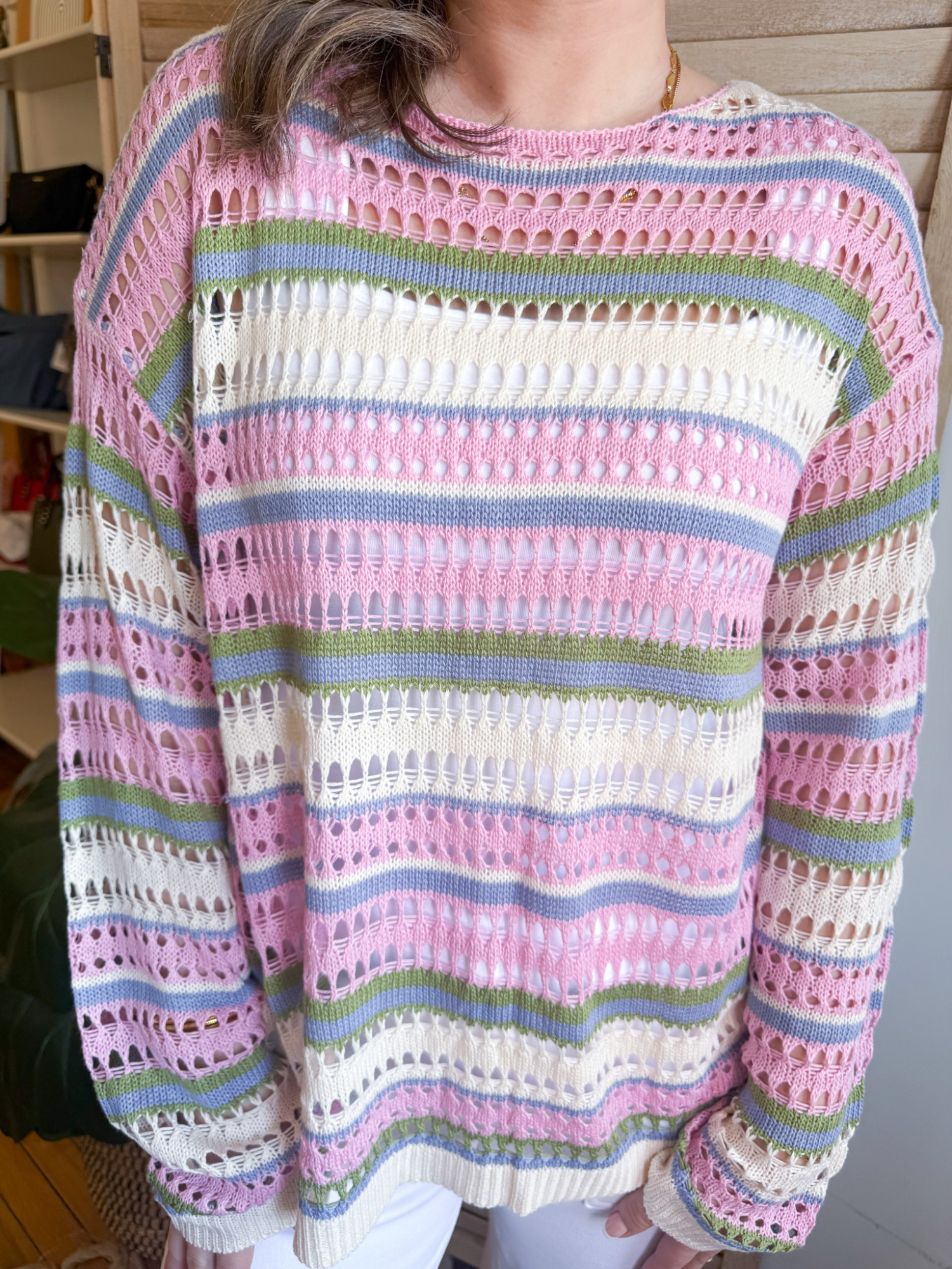 Leah Open Knit Striped Sweater - The Collective Rose