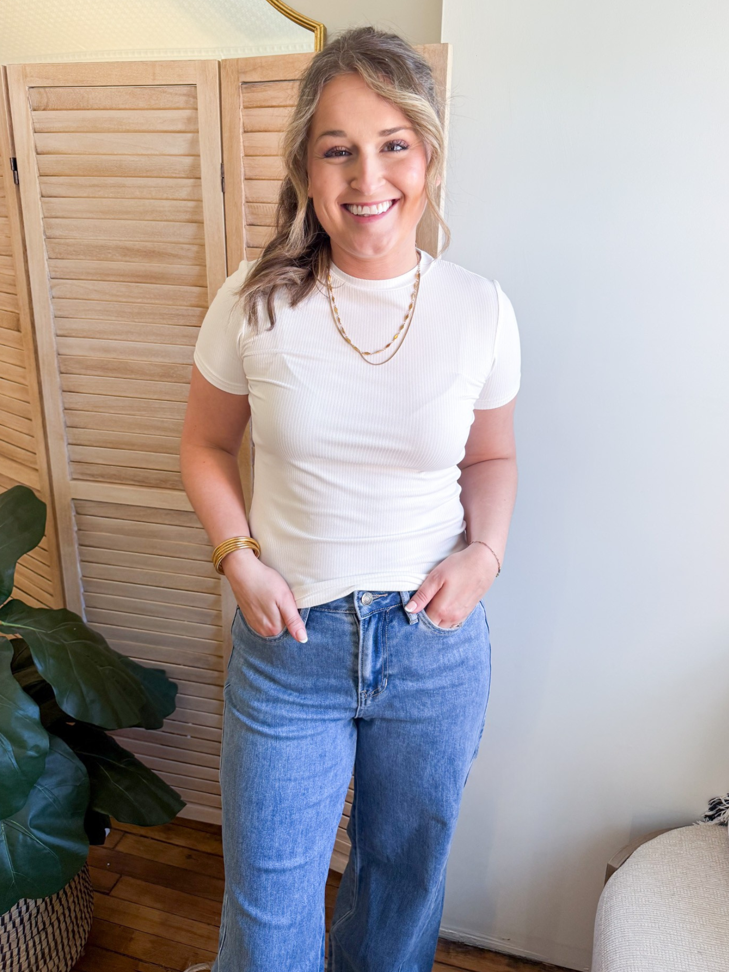 Essential Short Sleeve Ribbed Tee - Ivory - The Collective Rose