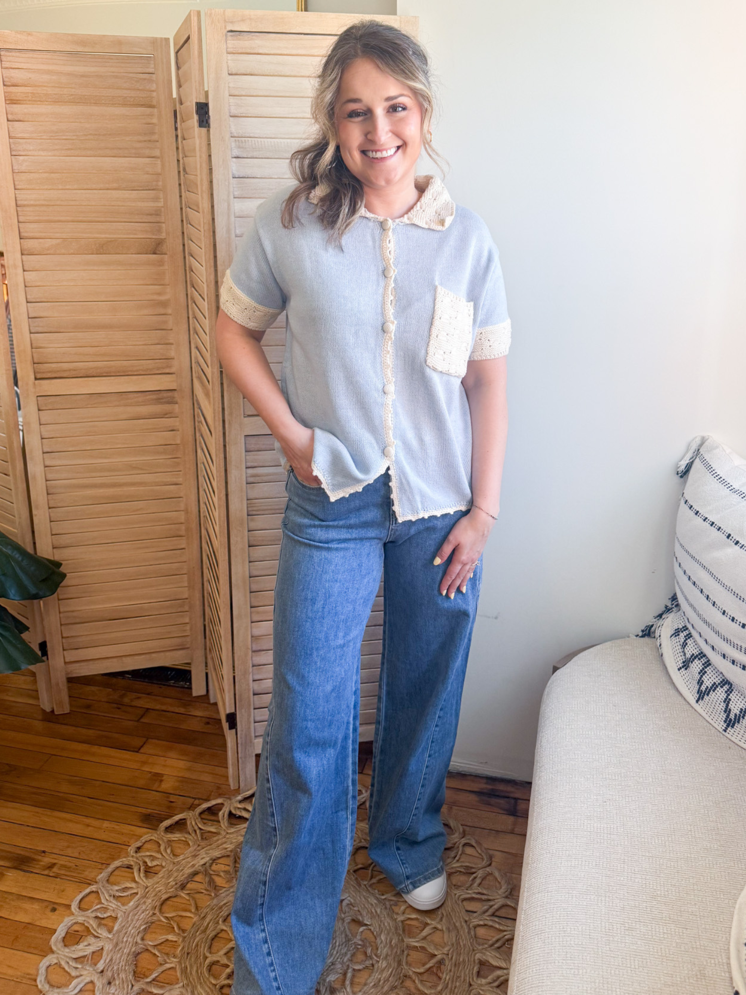 Eliza Contrast Knit Button Up - The Collective Rose