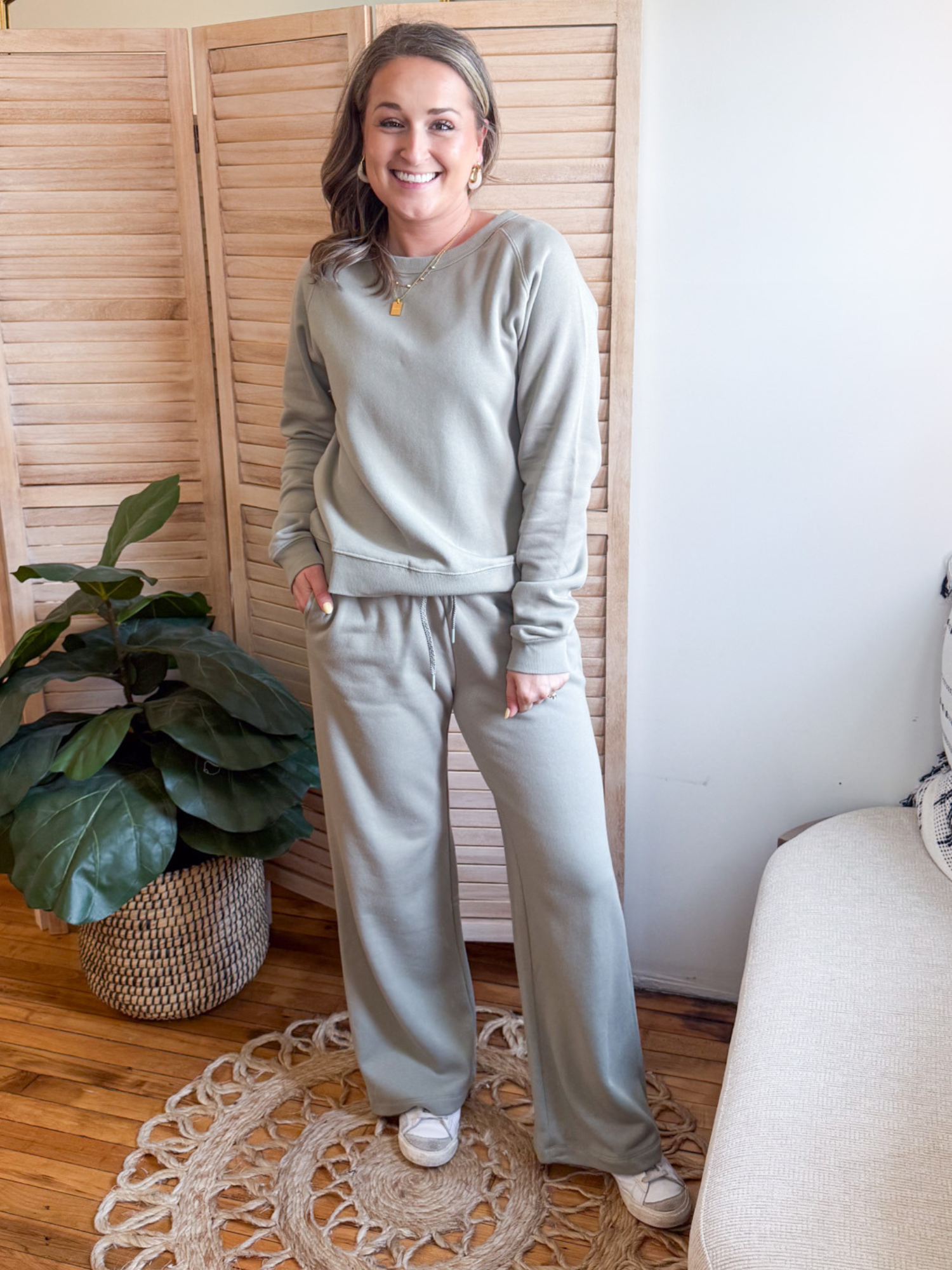Hadley Wide Leg Fleece Pants - Sage Green - The Collective Rose