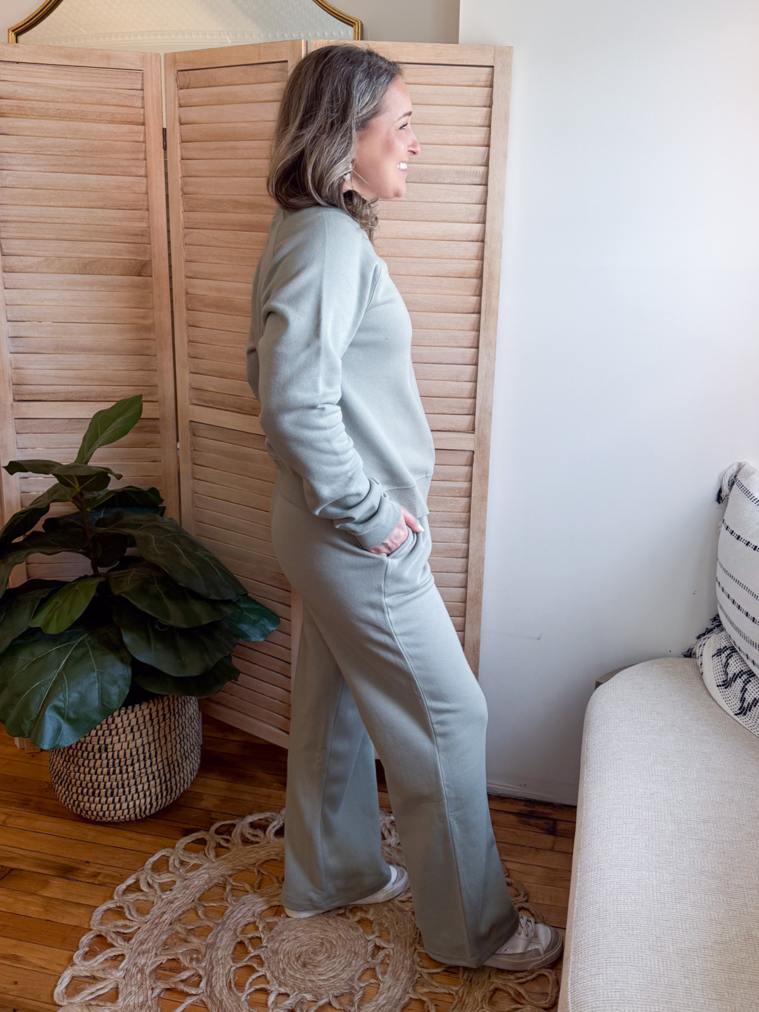 Hadley Wide Leg Fleece Pants - Sage Green - The Collective Rose