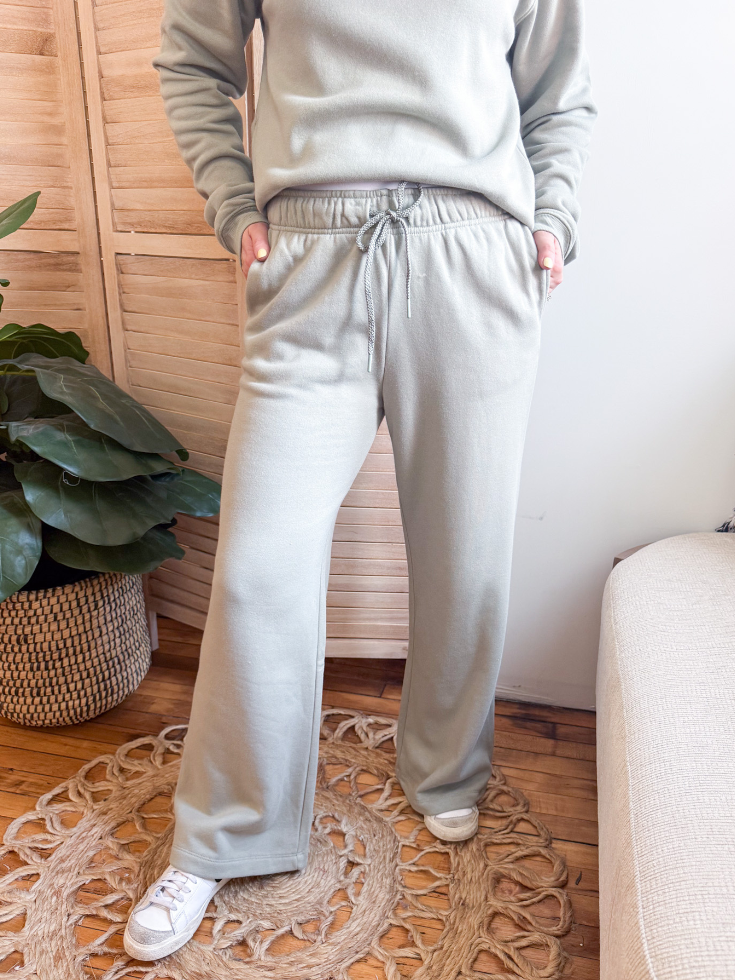 Hadley Wide Leg Fleece Pants - Sage Green - The Collective Rose