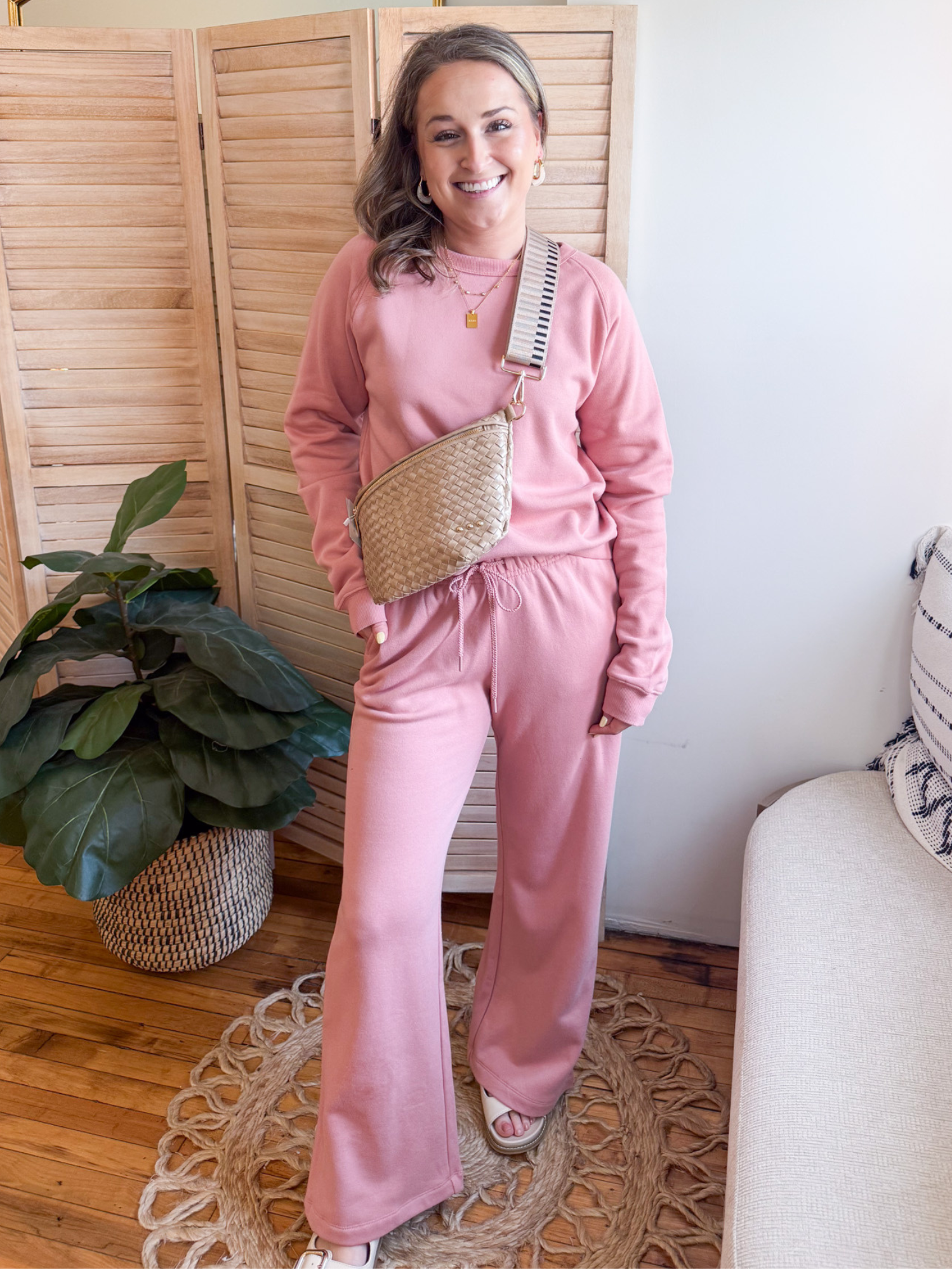 Hadley Wide Leg Fleece Pants - Tea Rose - The Collective Rose