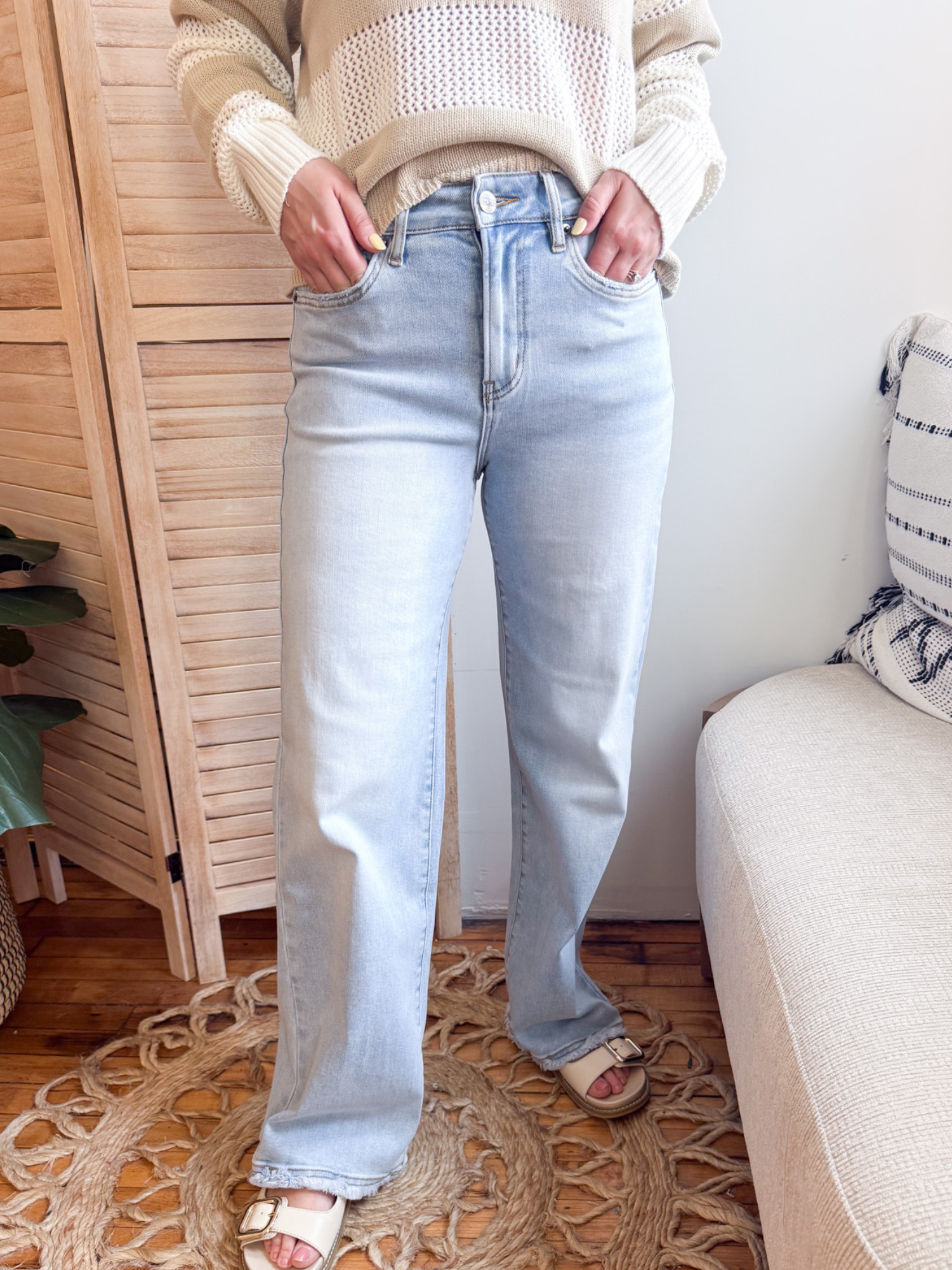 High Rise Wide Leg Raw Hem Jeans - The Collective Rose
