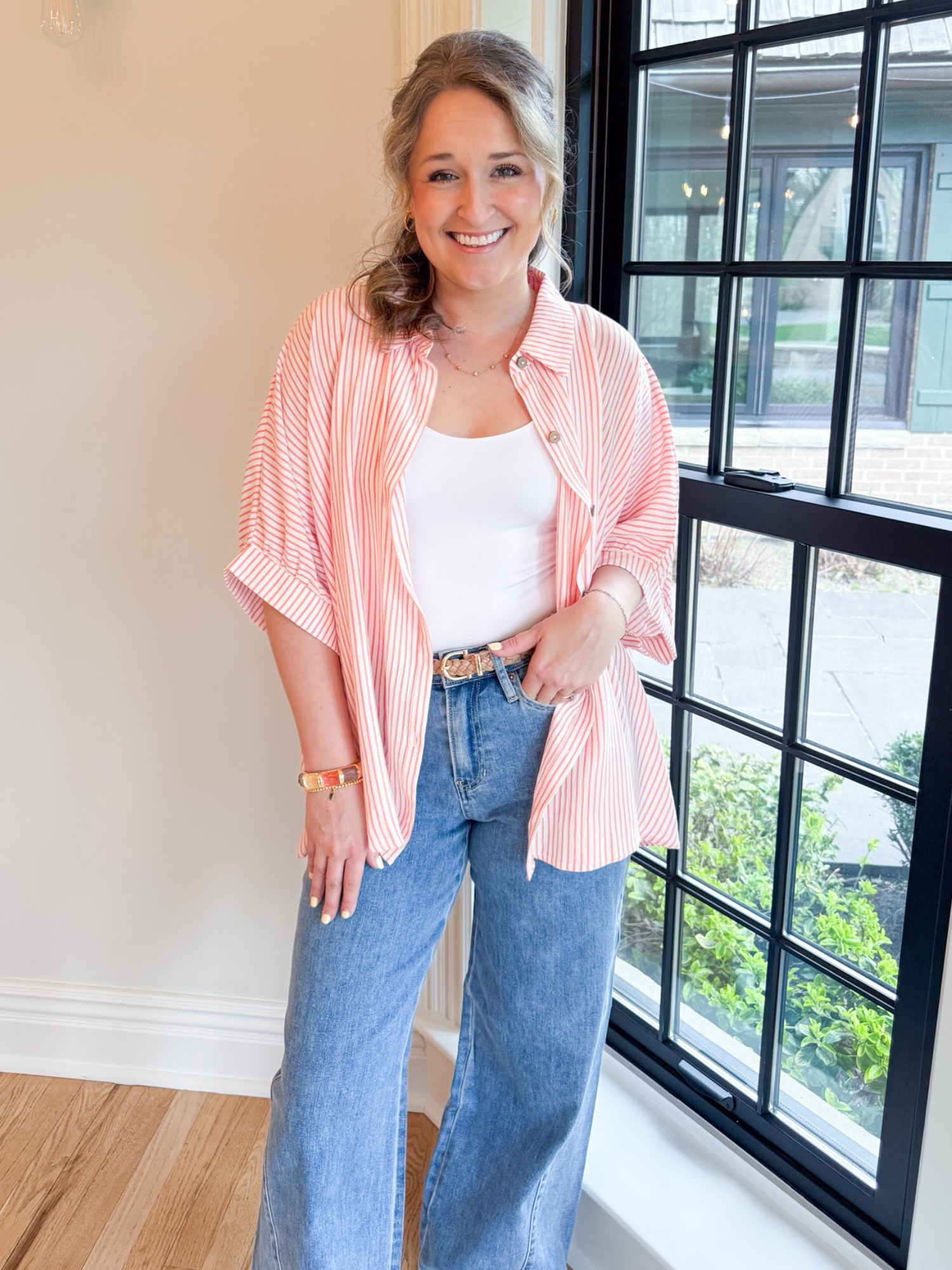 Scottie Striped Boxy Button Up - Coral - The Collective Rose