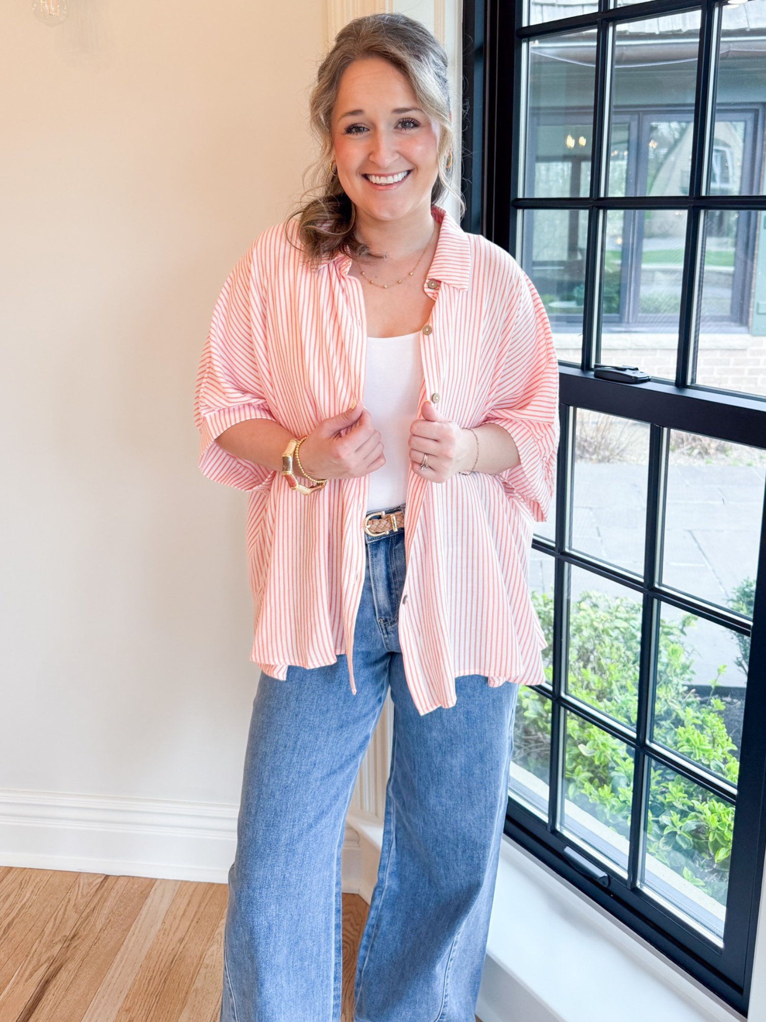 Scottie Striped Boxy Button Up - Coral - The Collective Rose