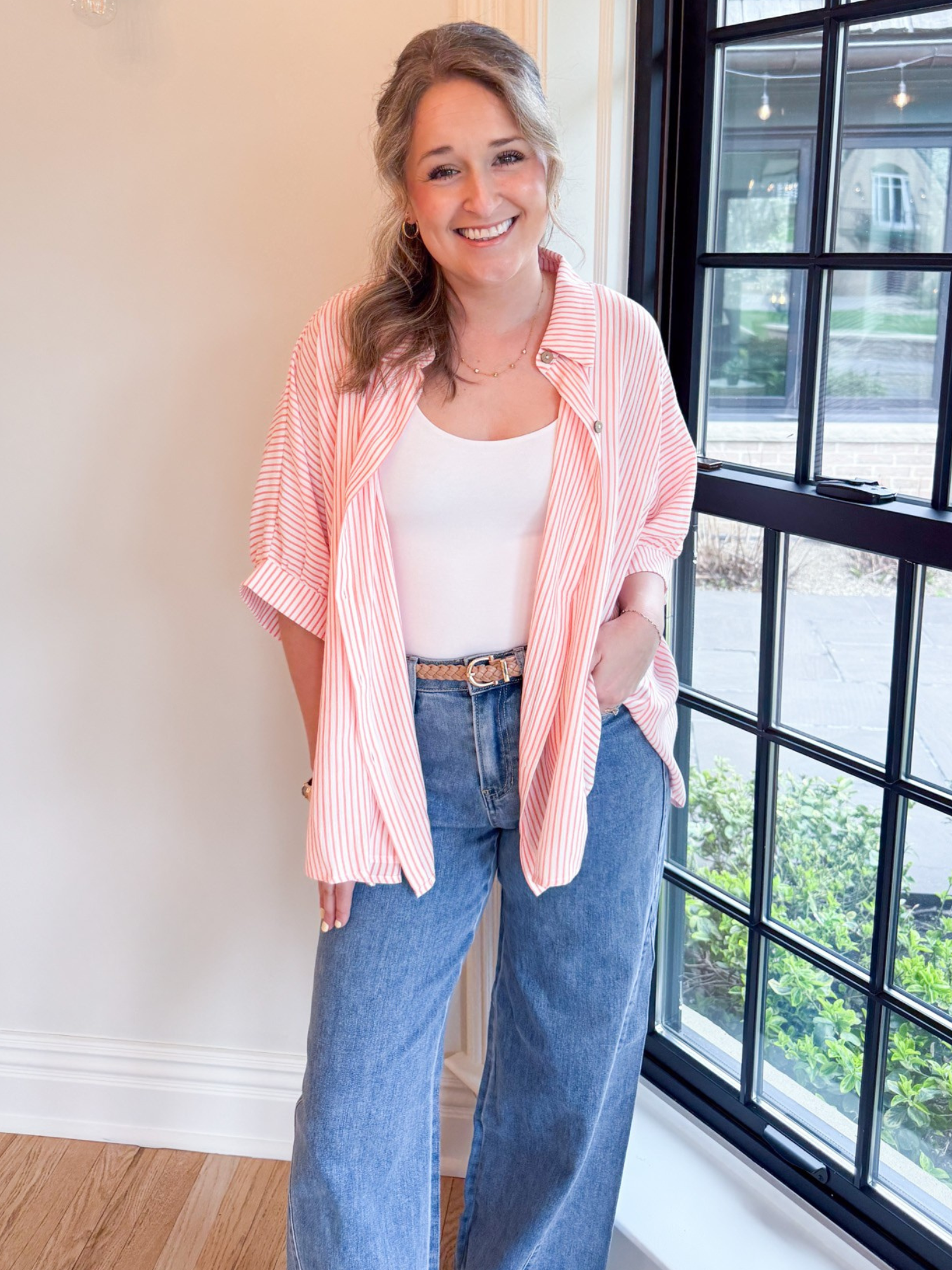Scottie Striped Boxy Button Up - Coral - The Collective Rose