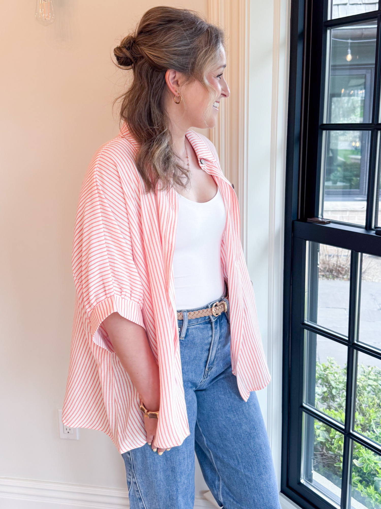 Scottie Striped Boxy Button Up - Coral - The Collective Rose