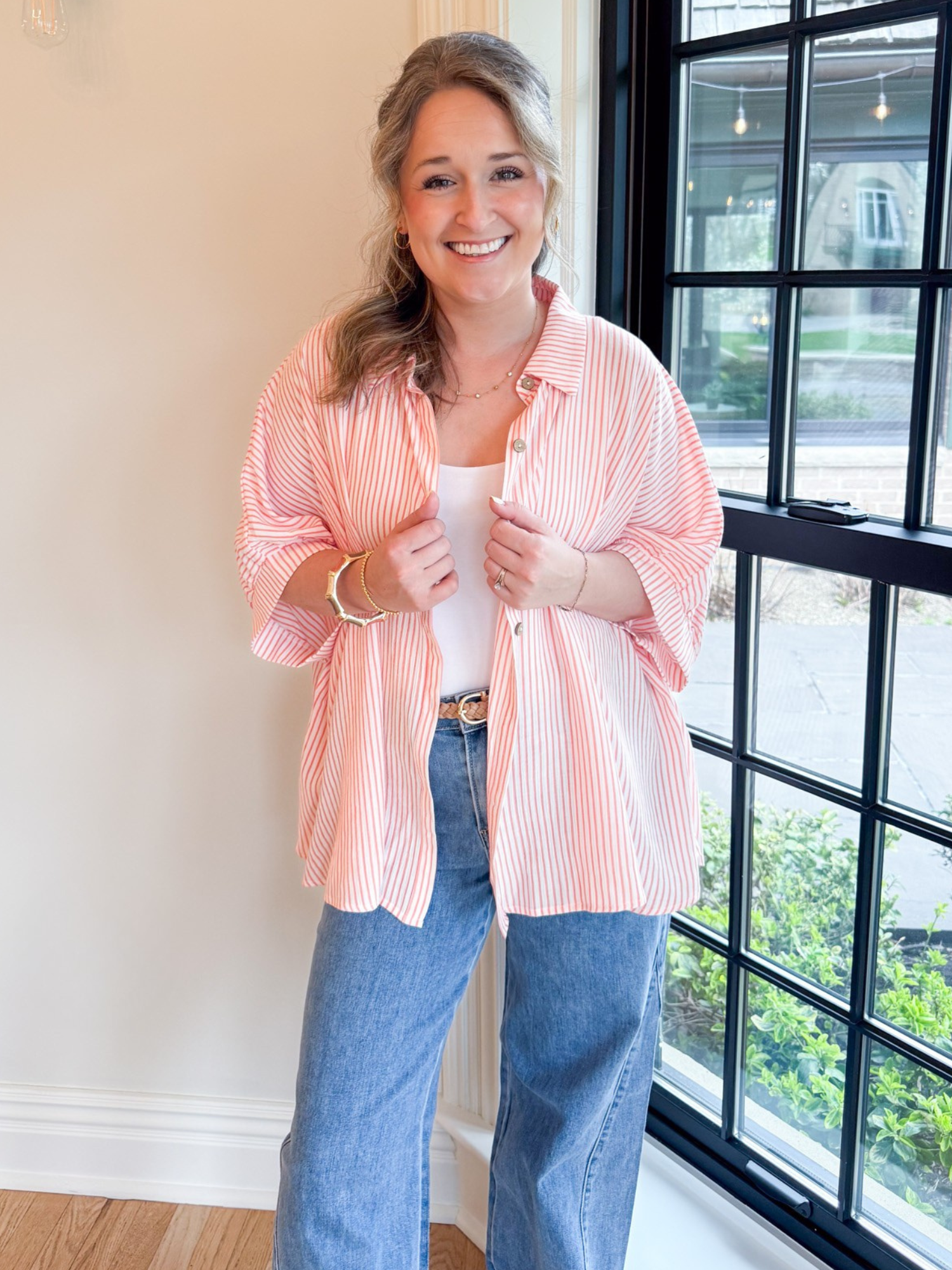 Scottie Striped Boxy Button Up - Coral - The Collective Rose