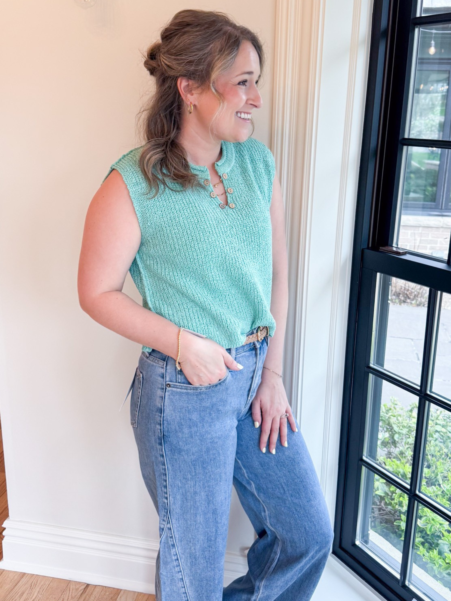 Addison Split Neck Sweater Vest - Mint - The Collective Rose