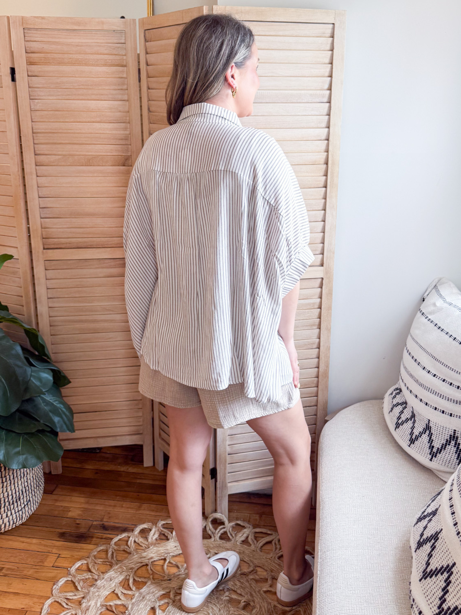 Scottie Striped Boxy Button Up - Taupe - The Collective Rose