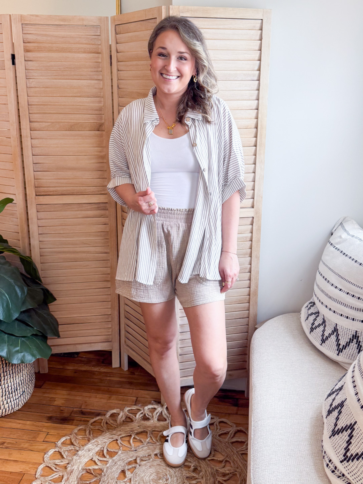 Scottie Striped Boxy Button Up - Taupe - The Collective Rose