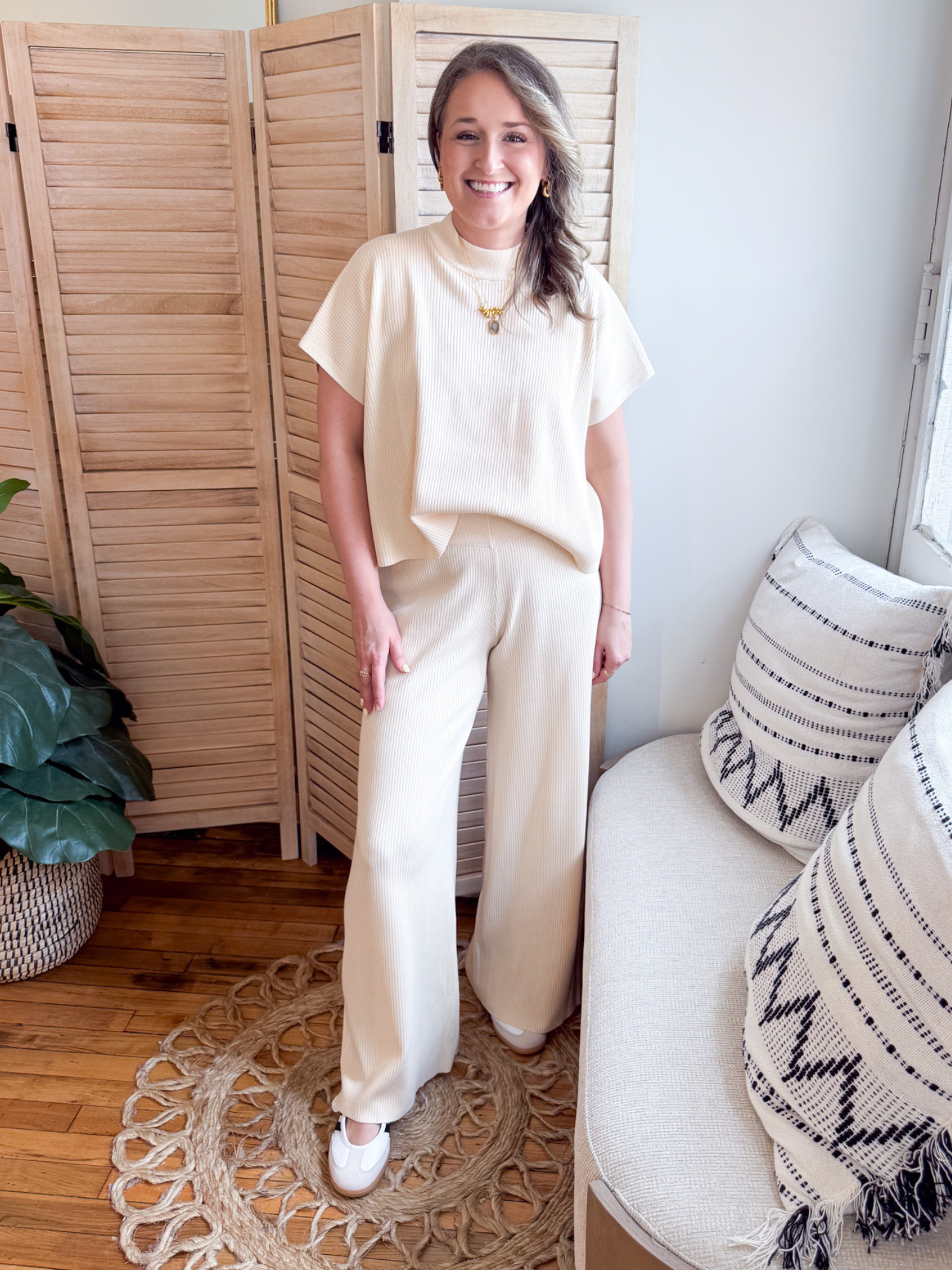 Mable Wide Leg Ribbed Pants - Beige - The Collective Rose