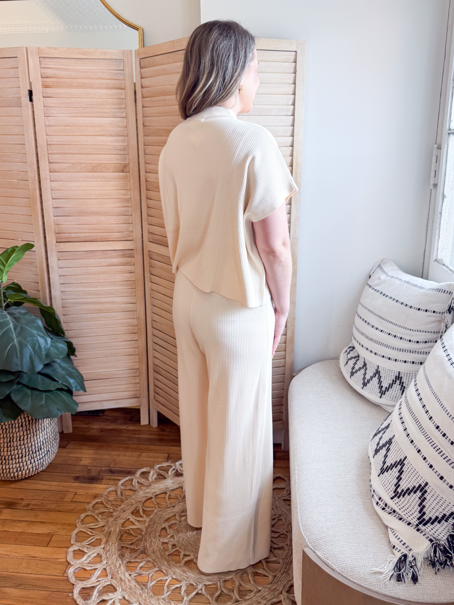 Mable Wide Leg Ribbed Pants - Beige - The Collective Rose