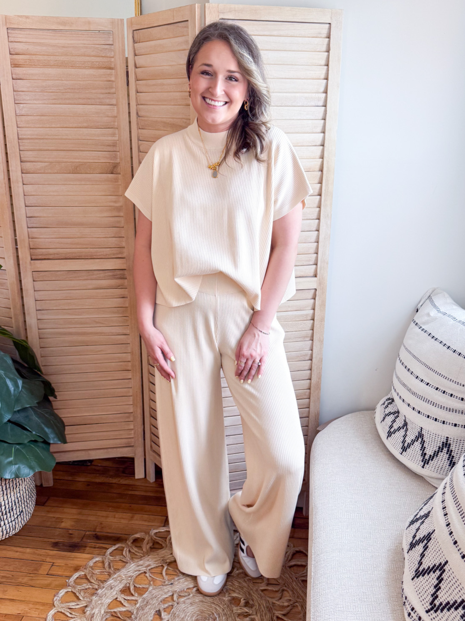 Mable Wide Leg Ribbed Pants - Beige - The Collective Rose