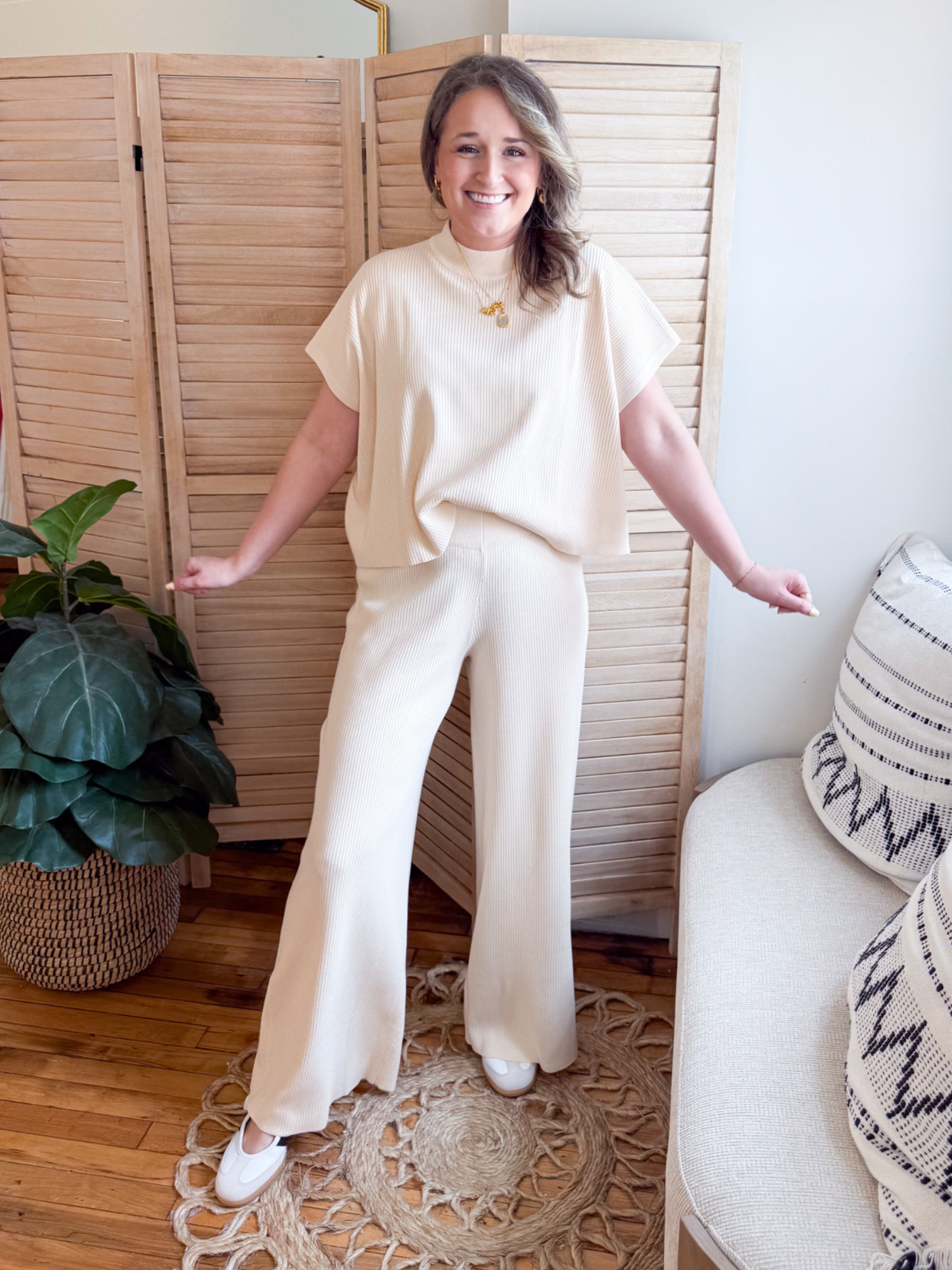 Mable Wide Leg Ribbed Pants - Beige - The Collective Rose