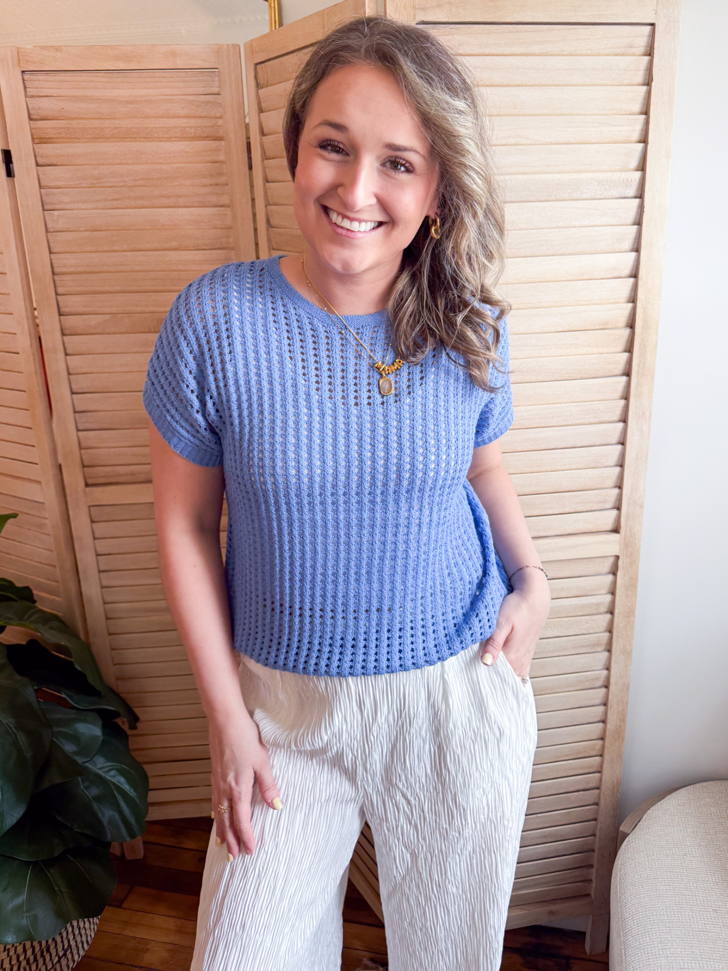 Darcy Open Knit Short Sleeve Sweater - Blue - The Collective Rose