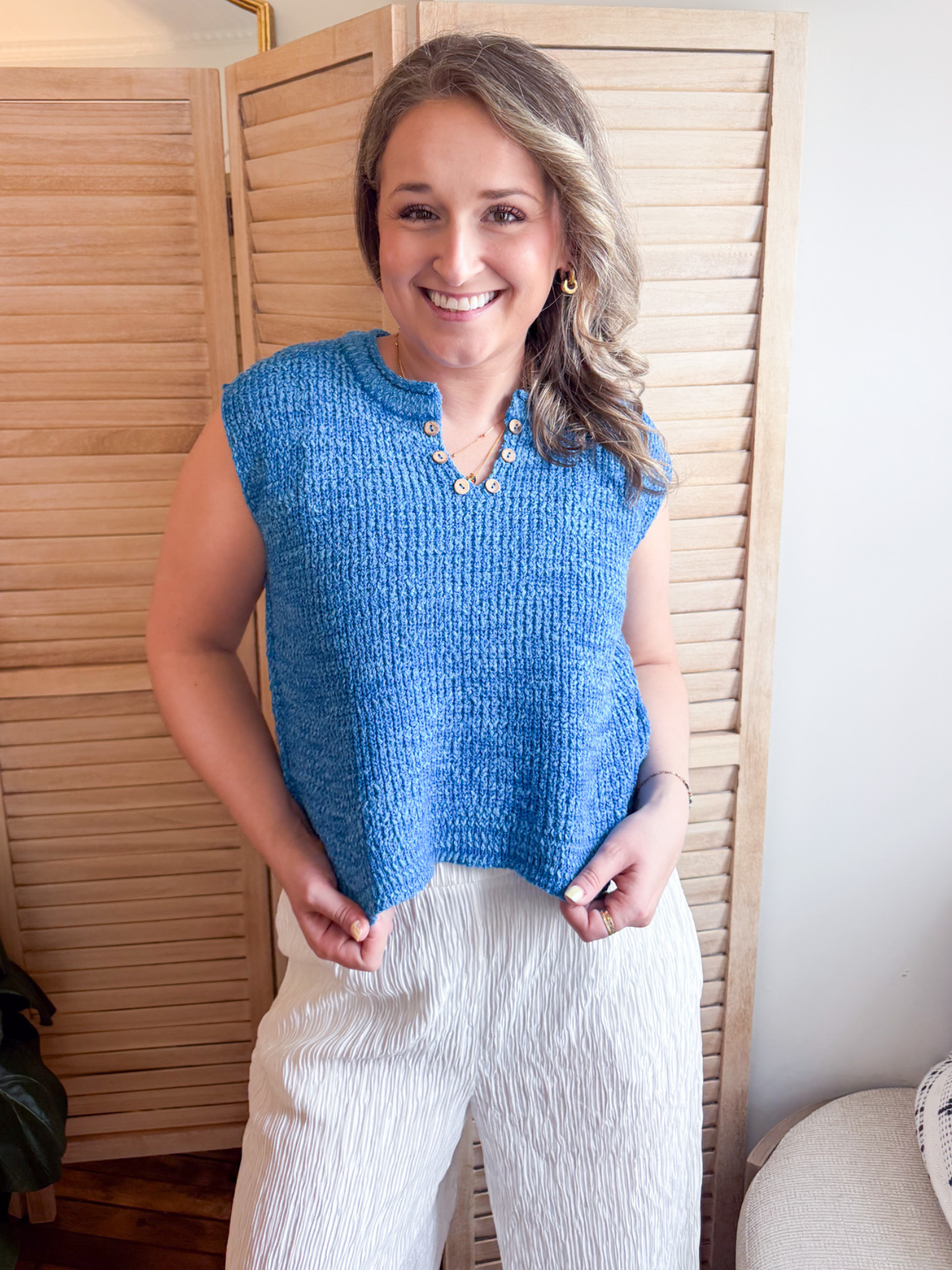 Addison Split Neck Sweater Vest - Blue - The Collective Rose