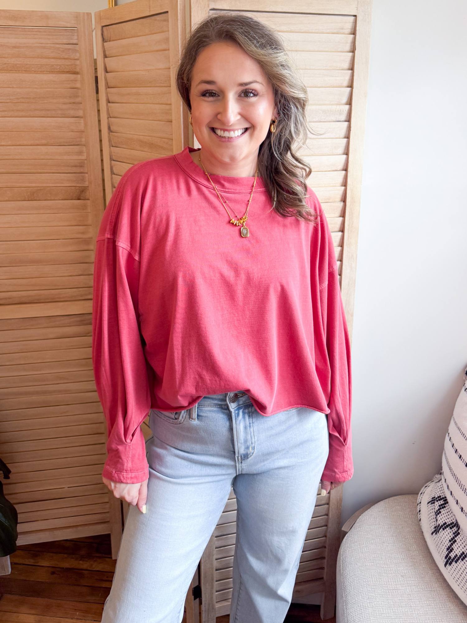 Tess Oversized Long Sleeve - Red - The Collective Rose